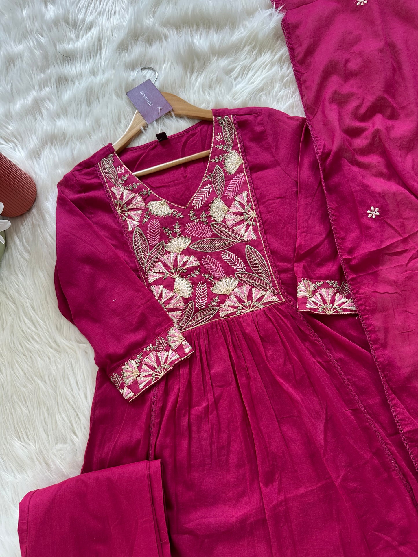 K012 - Mulmul cotton embroidered Aline Kurti with pants and dupatta in 2 colours