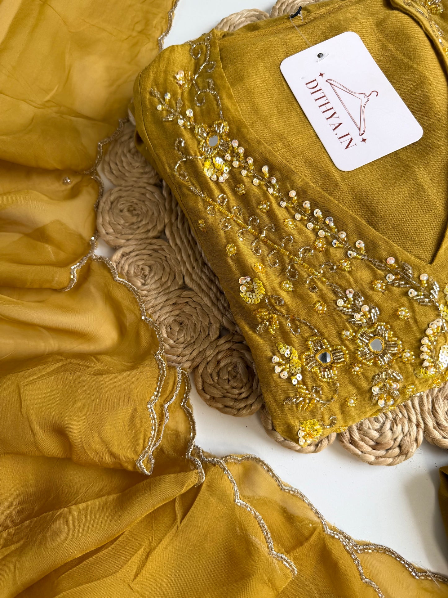 K508 - Mul chanderi Handwork Kurti with pants and dupatta