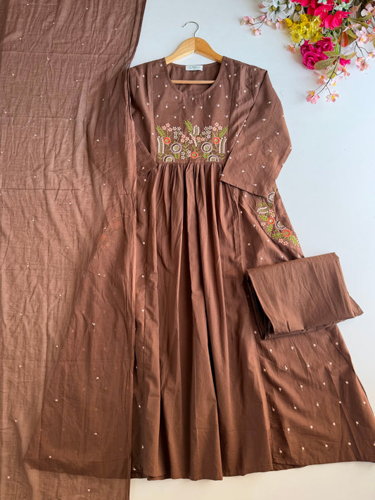 K726 - Mul cotton embroidered Anarkali with pants and dupatta