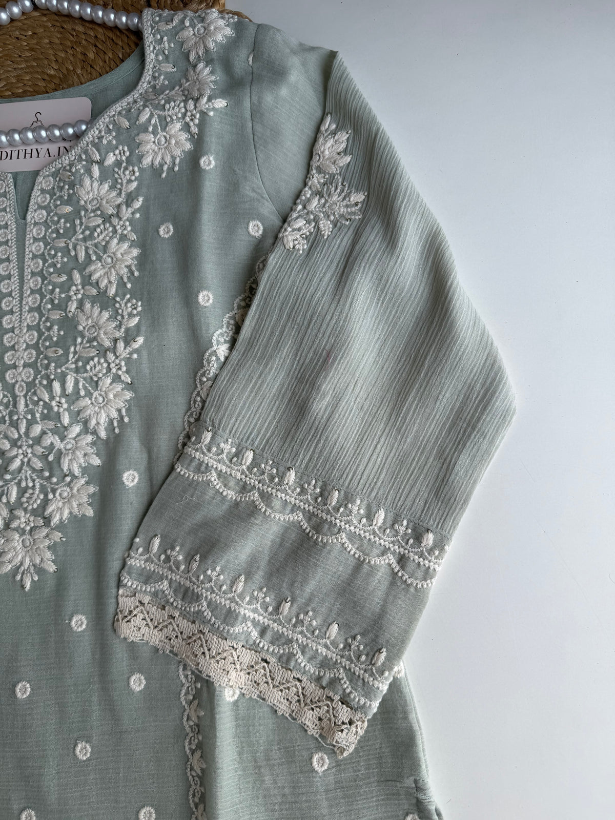 K698 - Crushed mul chanderi embroidered straight Kurti with pants and dupatta