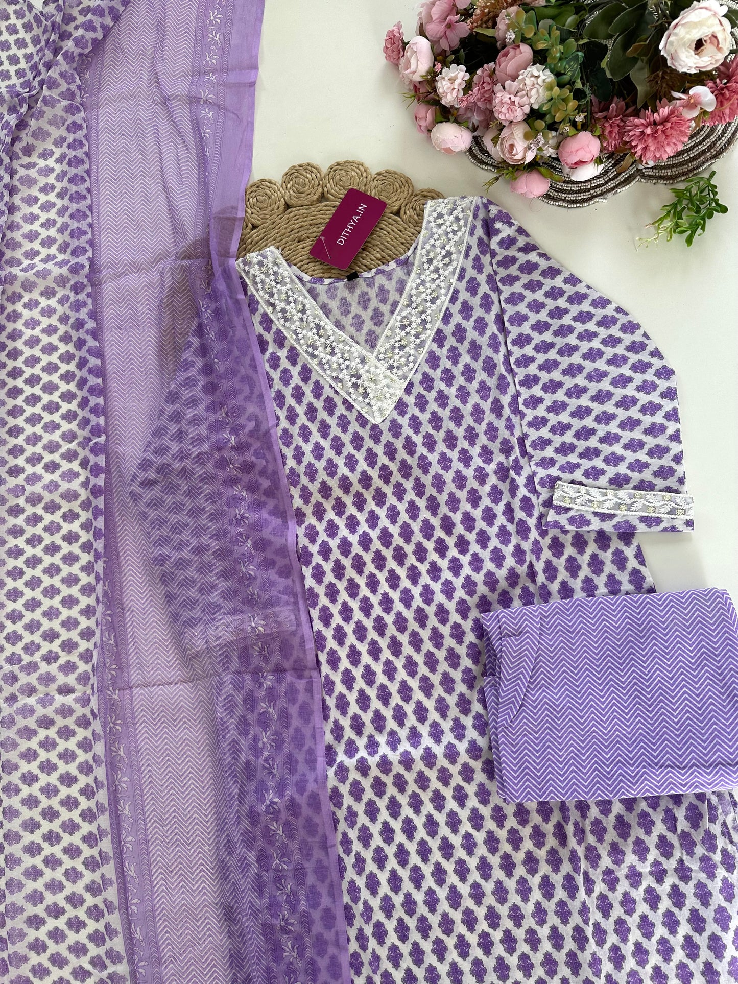 K354 - Cotton floral straight Kurti with pants and dupatta