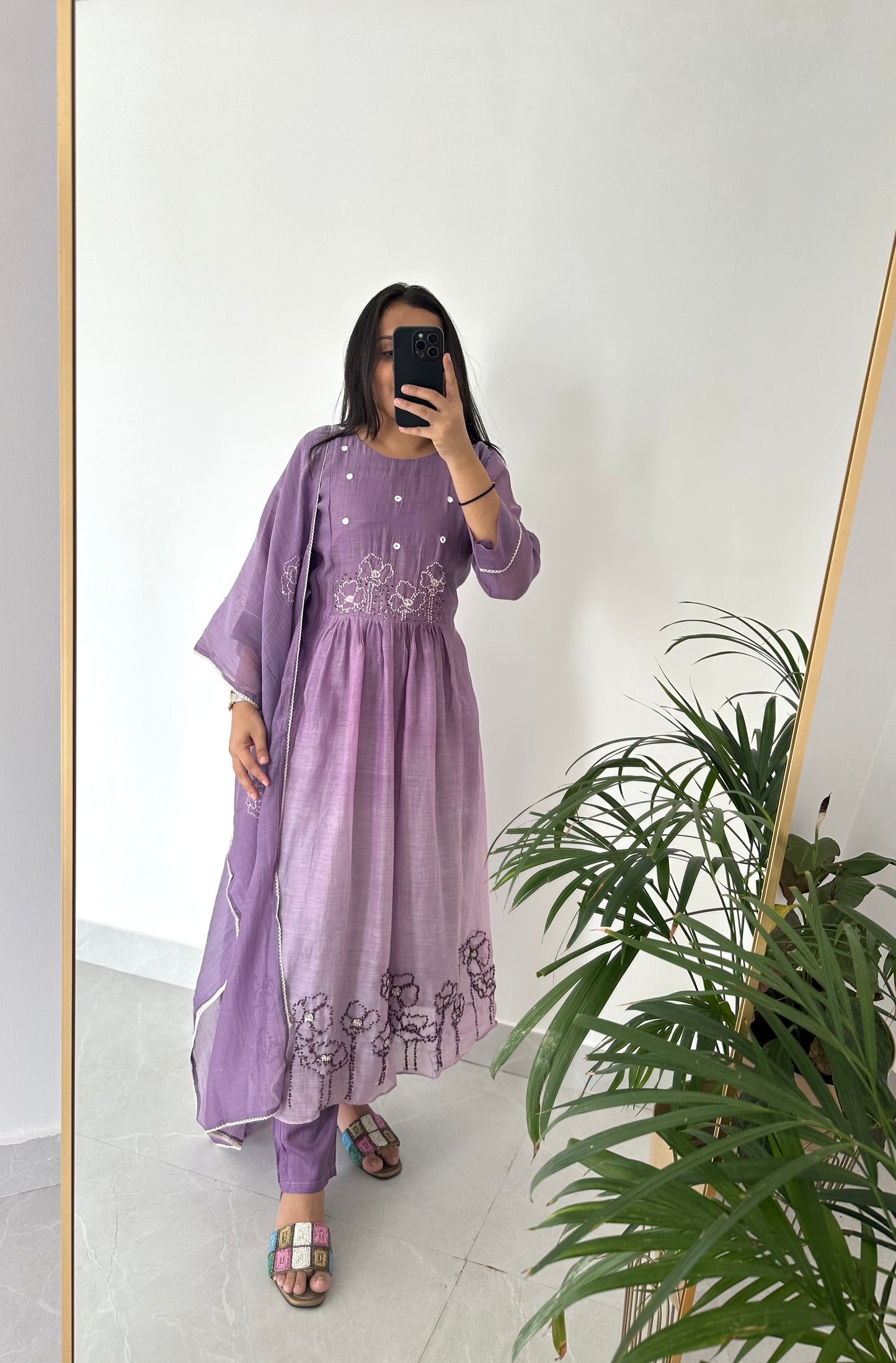 K226 - Mul Chanderi embroidered Aline Kurti with pants and dupatta