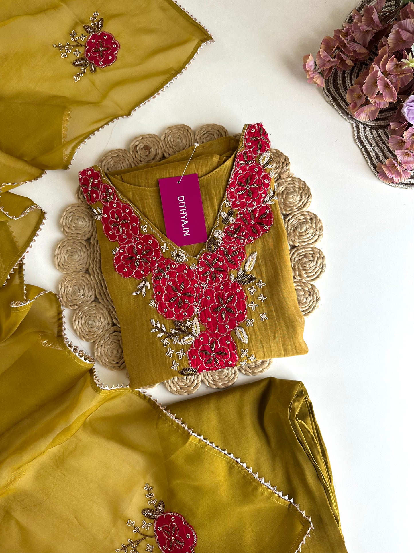 K167 - Pure mul Chanderi handwork Aline Kurti with pants and dupatta