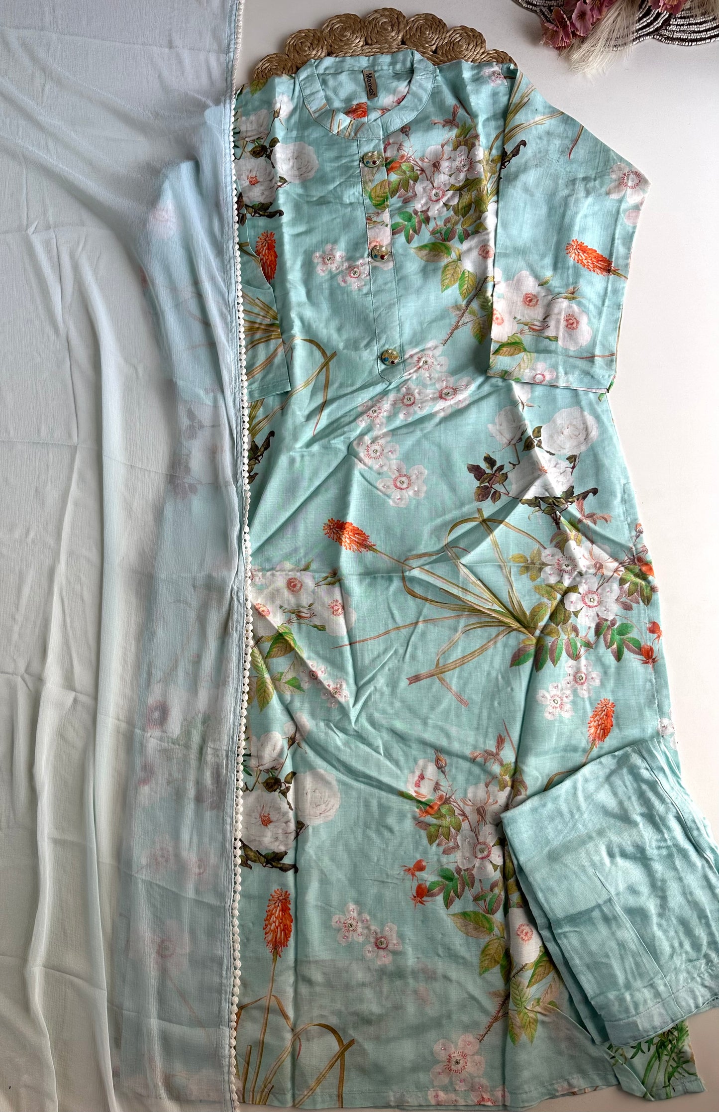 D341 - Muslin silk straight kurti with pants and dupatta