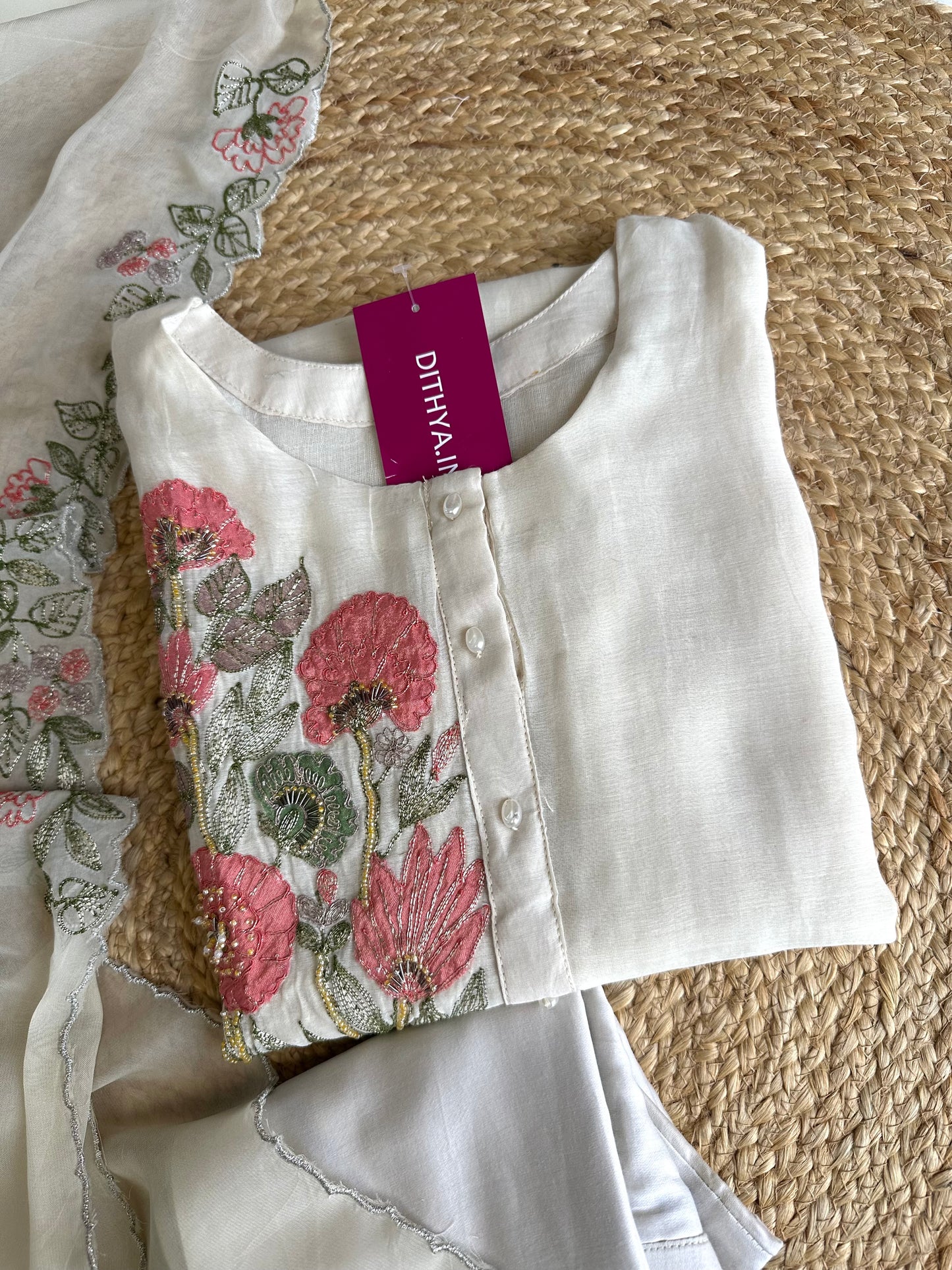 K153 - Mul Chanderi handwork straight Kurti with pants and dupatta