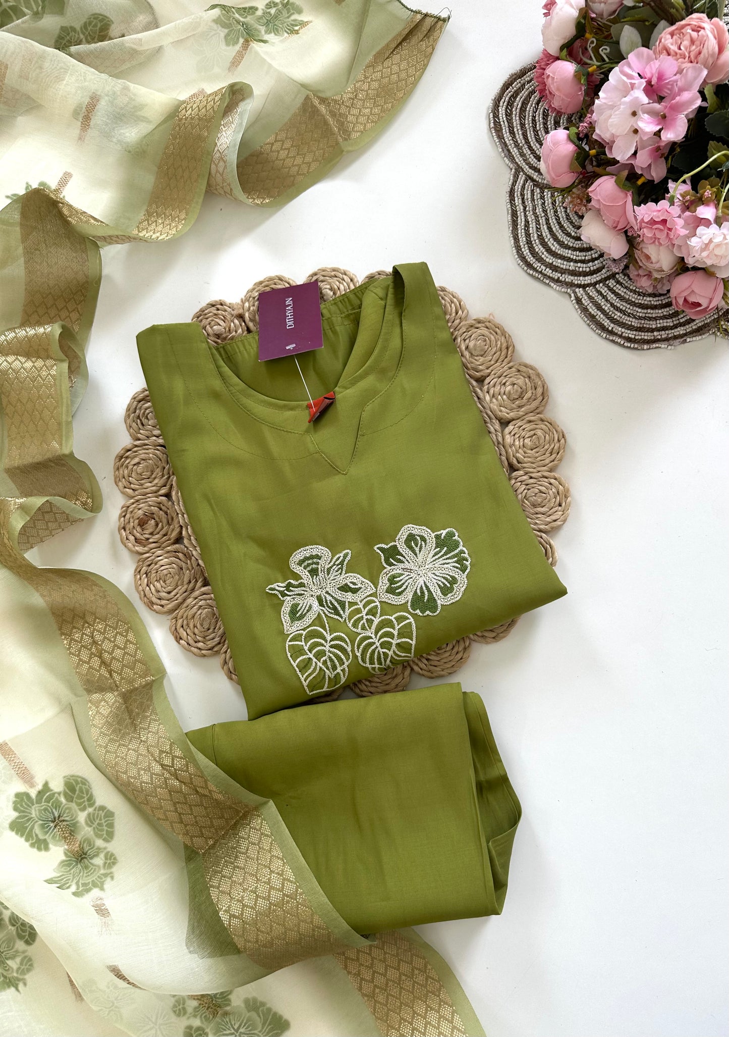 K218 - Roman silk thread work straight Kurti with pants and dupatta in 2 colours