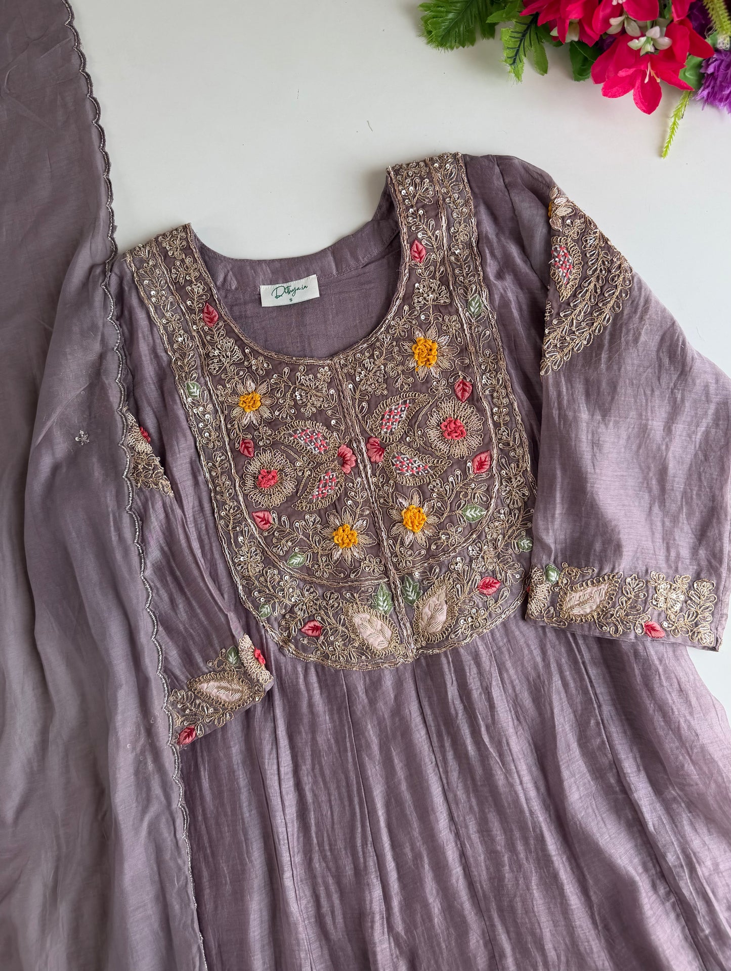 K424 - Mul chanderi heavy handwork Anarkali with pants and dupatta in 2 colours