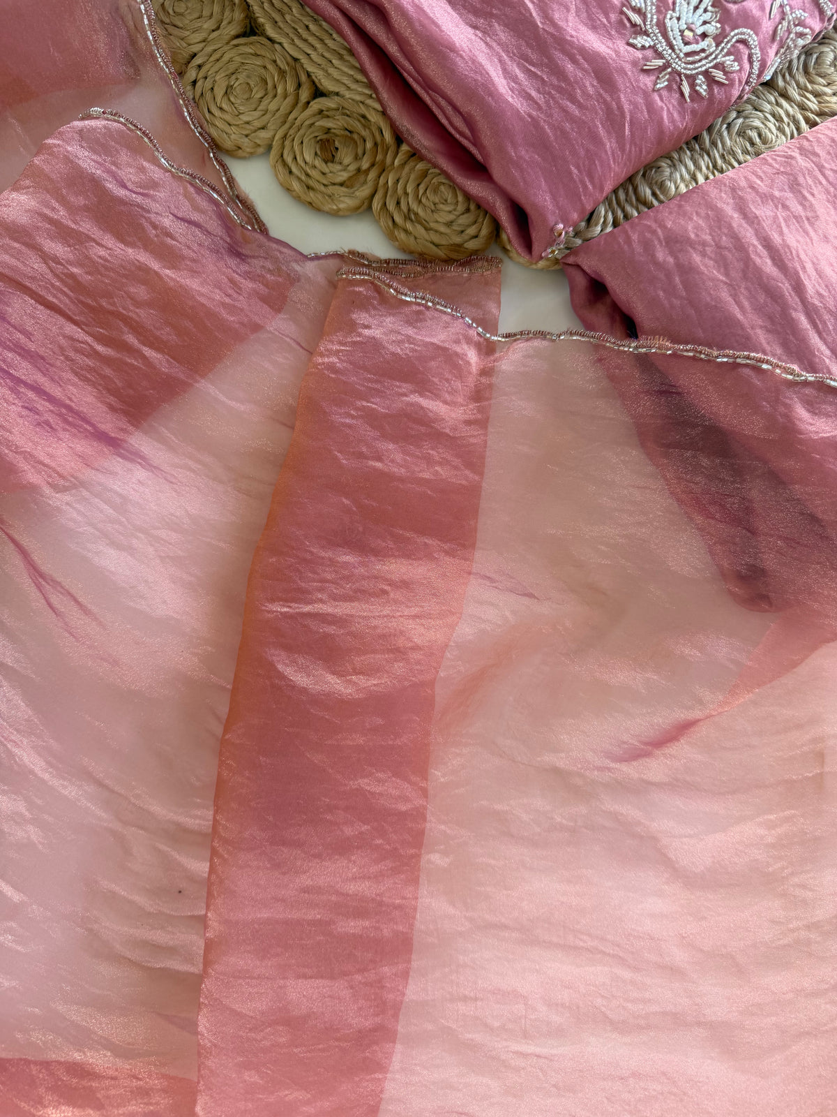 K599 -Glass tissue silk handwork aline Kurti with pants and dupatta
