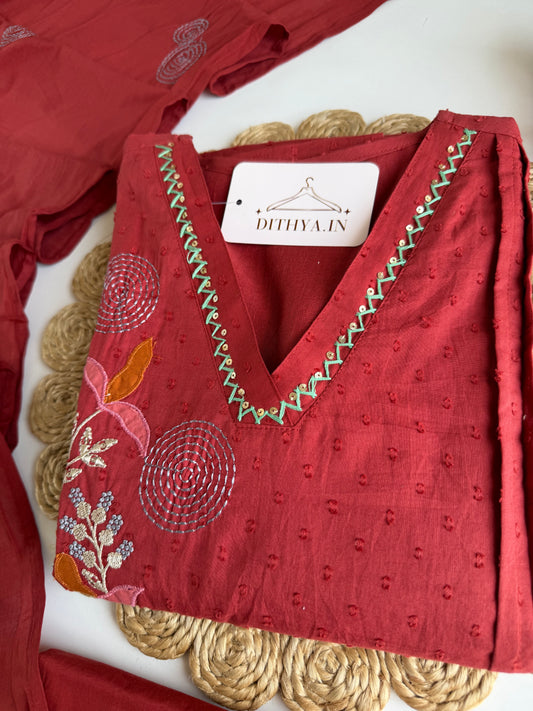 K721 - Mul cotton embroidered Aline Kurti with pants and dupatta