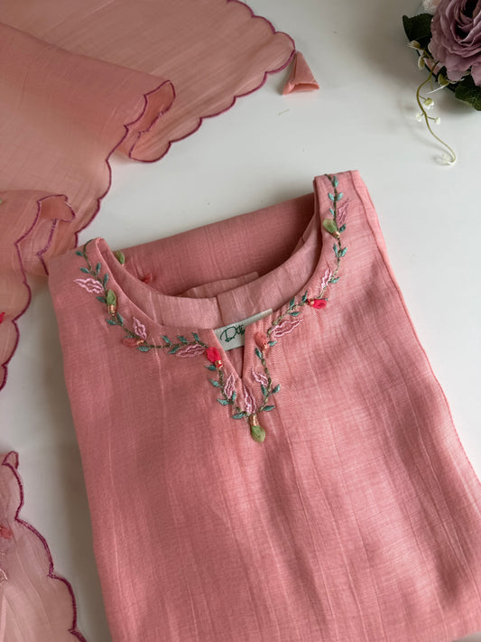 K575 - Mul Chanderi embroidered straight Kurti with pants and dupatta