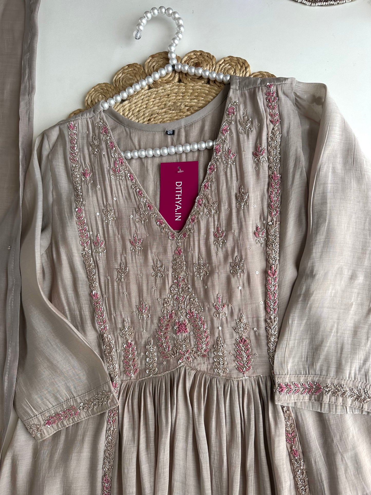 K283 - Mul Chanderi Handwork Anarkali with pants and dupatta