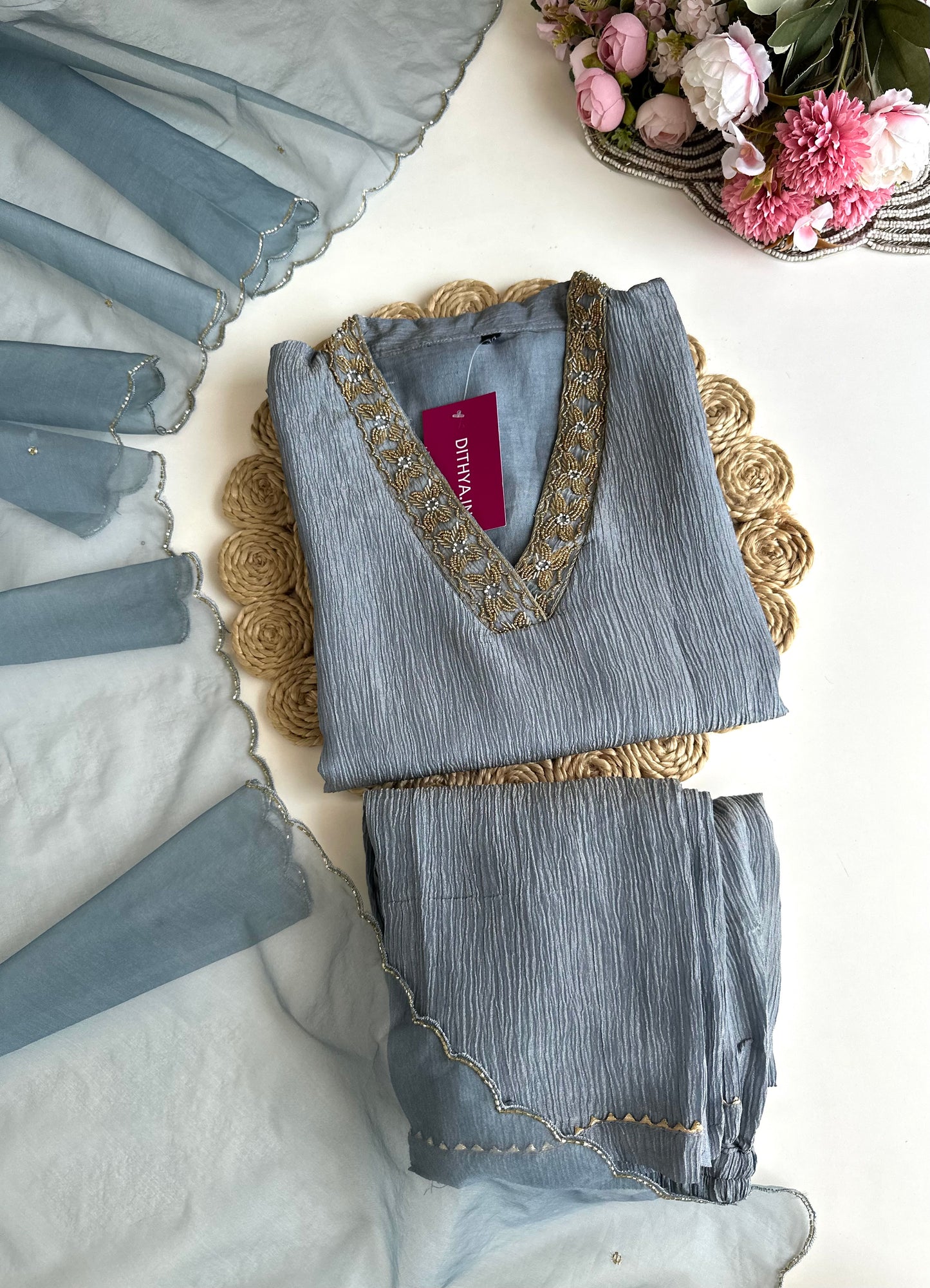K057 - Crush tissue handwork straight Kurti with pants and dupatta