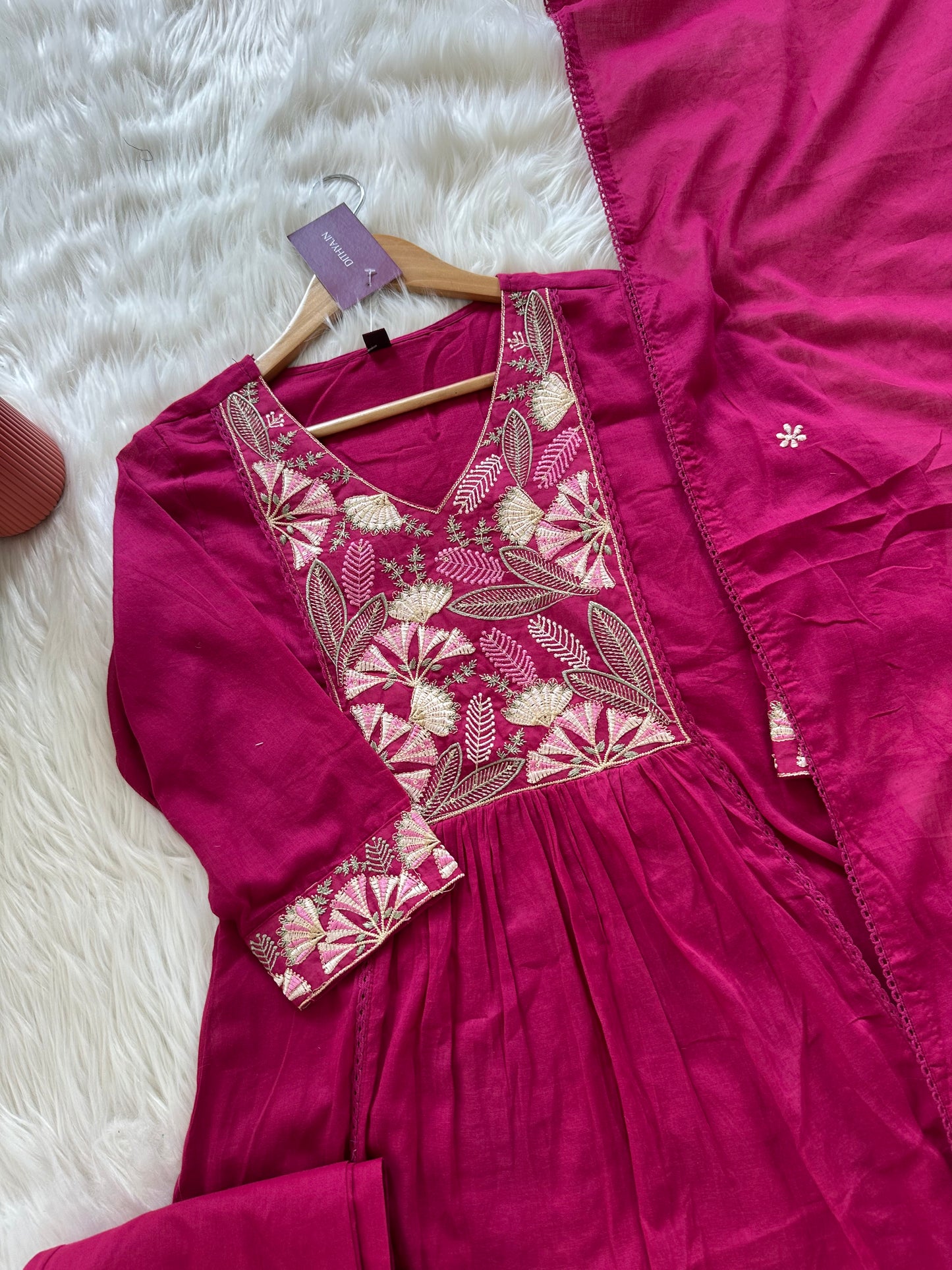 K012 - Mulmul cotton embroidered Aline Kurti with pants and dupatta in 2 colours