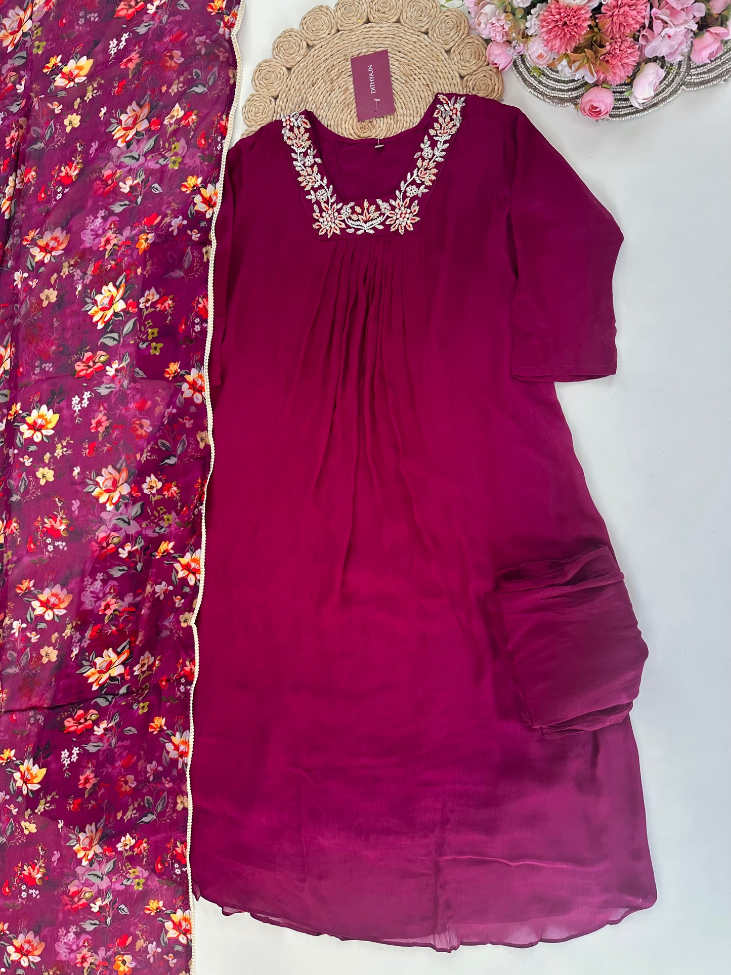 K402 - Chinnon handwork Aline Kurti with pants and viscose organza dupatta