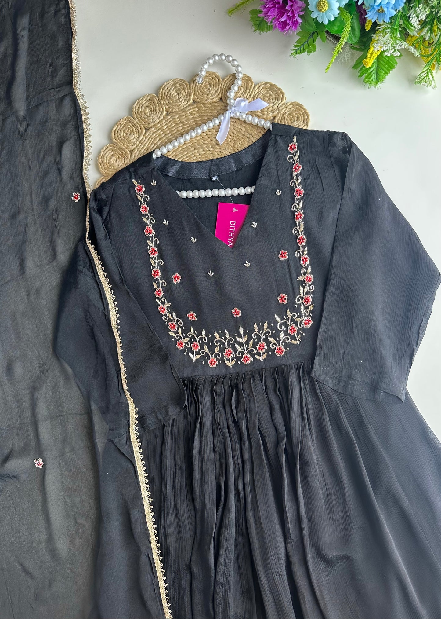 K029 - Chinnon handwork Anarkali with pants and dupatta