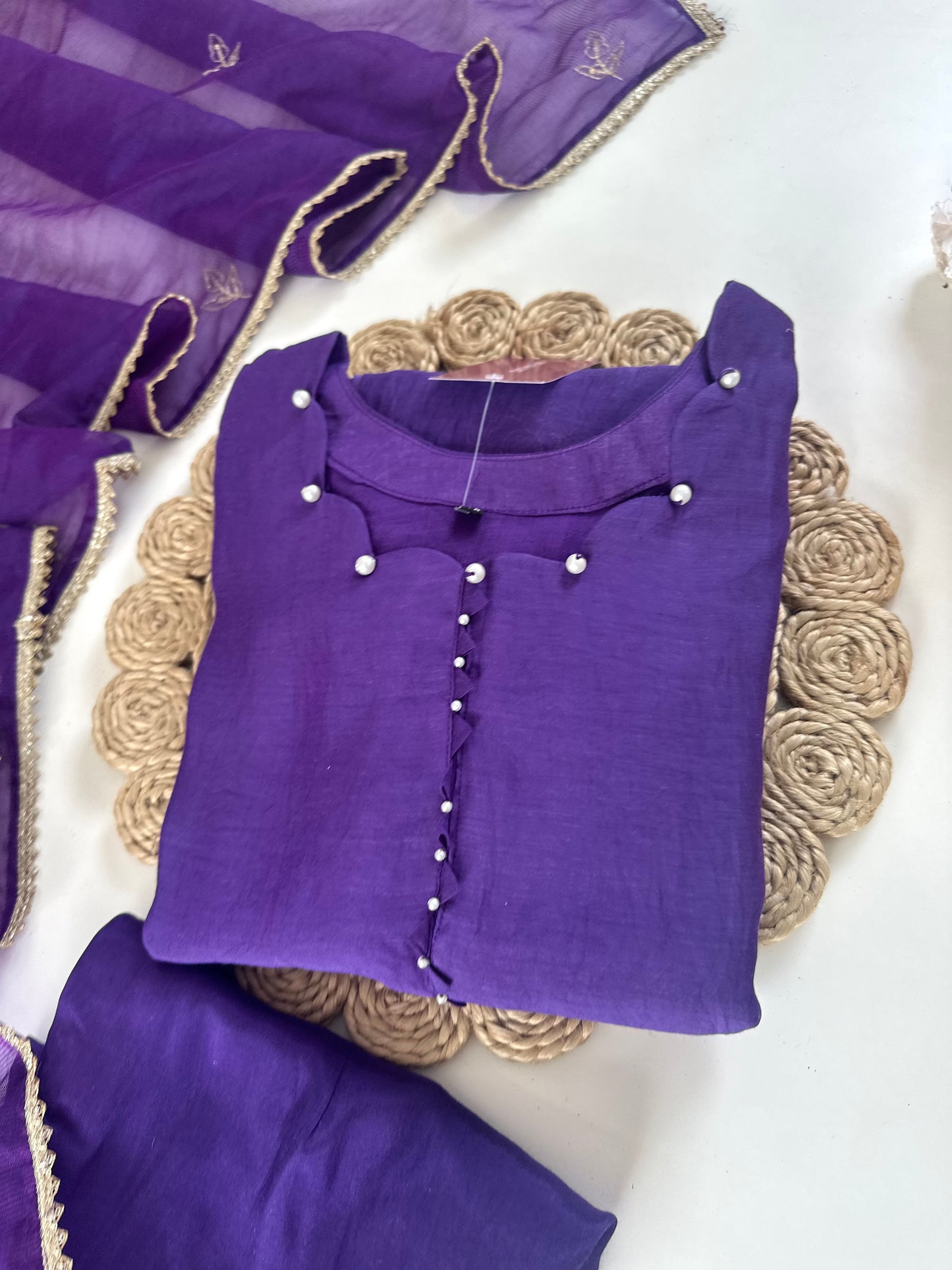 K205 - Mul Chanderi Handwork Aline Kurti with pants and dupatta .