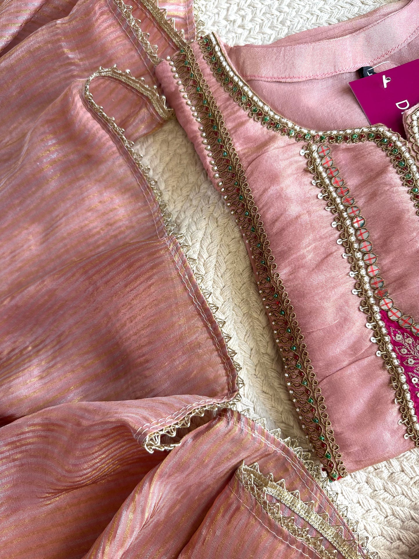 K421 - Tissue silk handwork straight Kurti with pants and dupatta in 2 colours