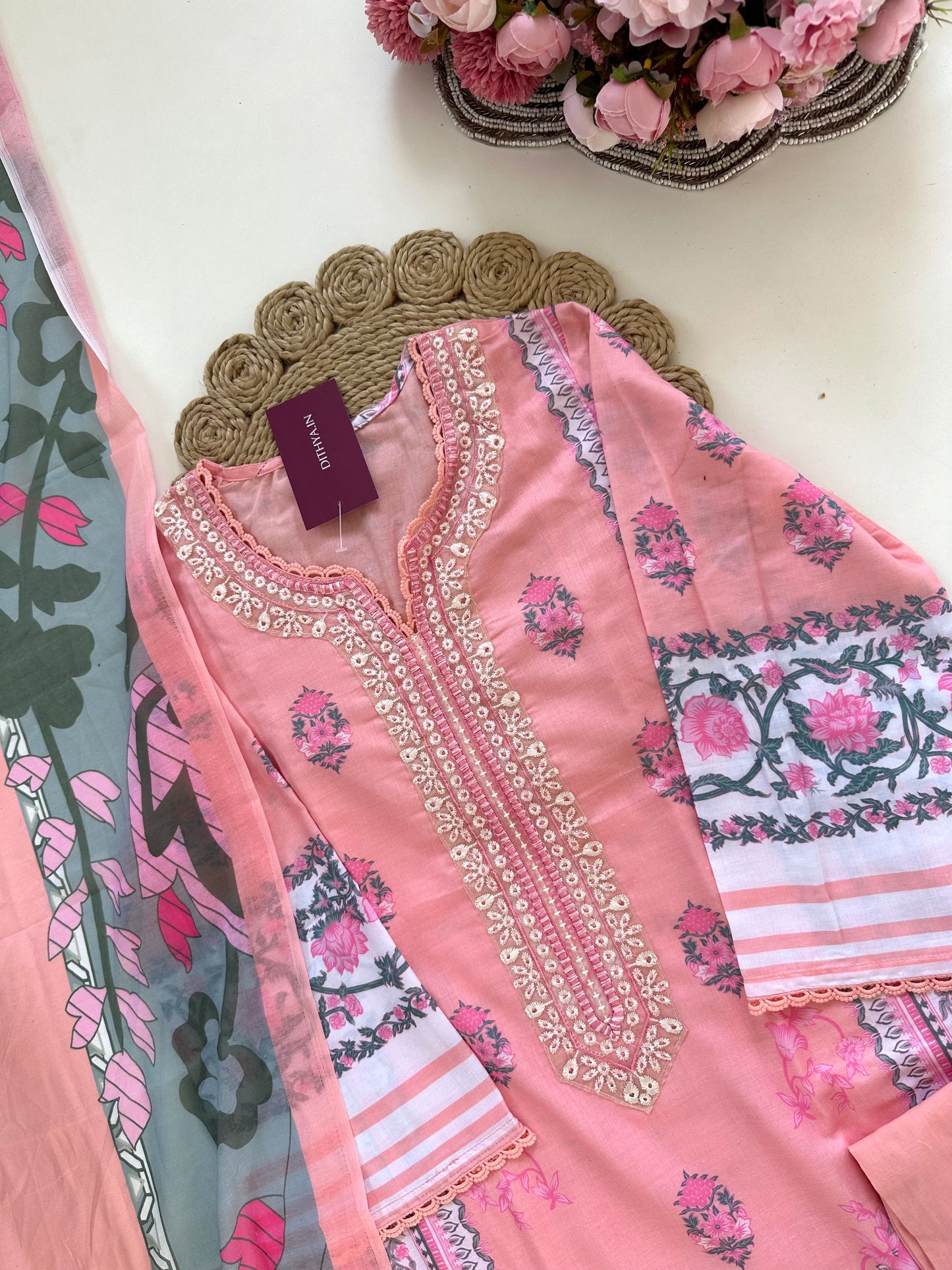 K417 - Cotton embroidered straight Kurti with pants and dupatta