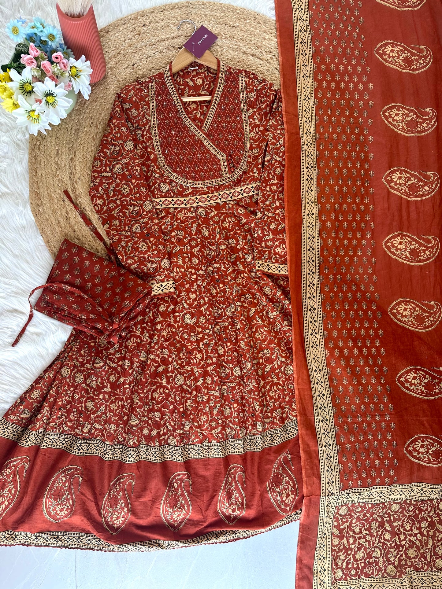 K055 - Cotton Handwork Anarkali with pants and dupatta in 2 colours
