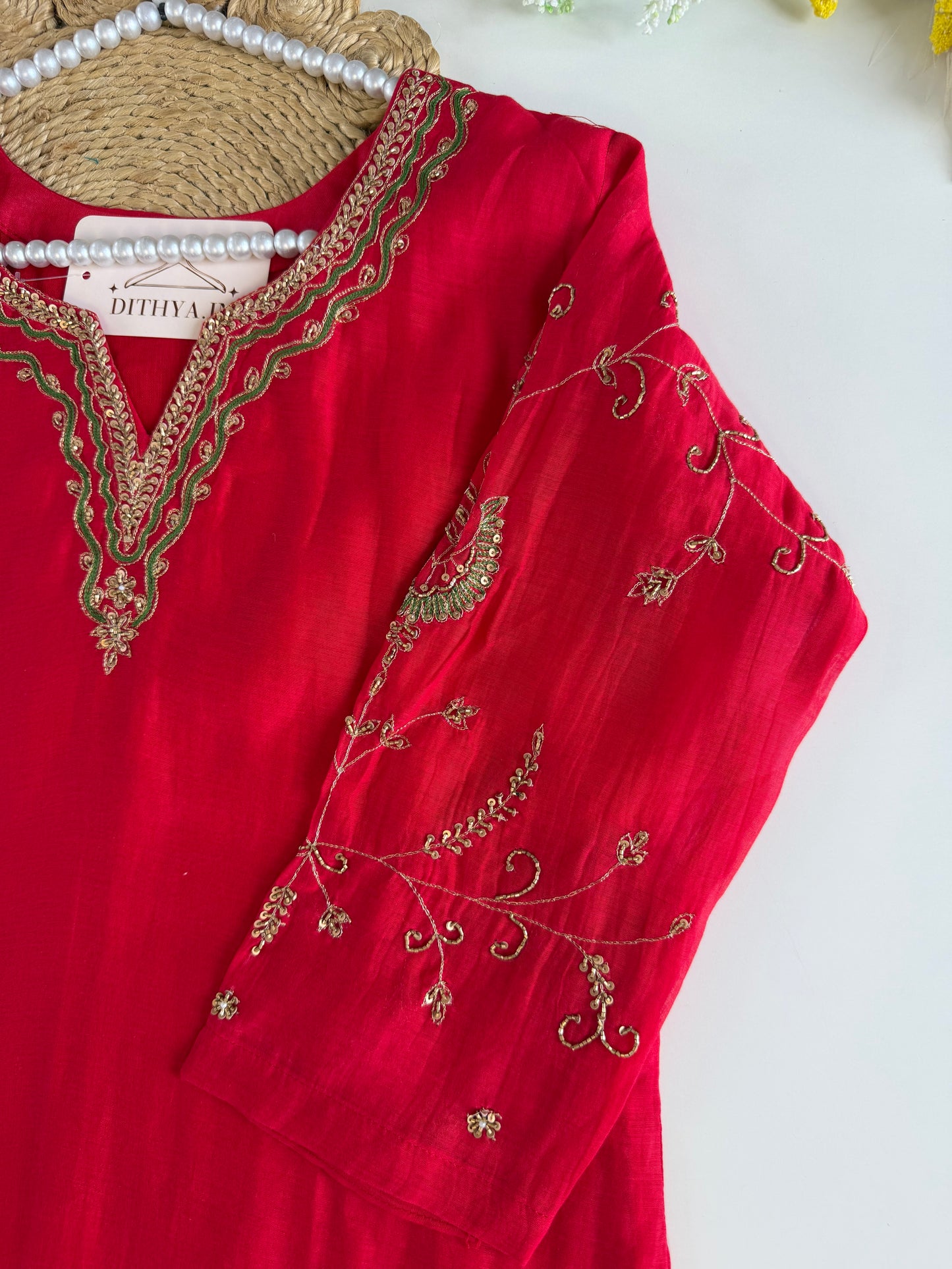 K532 - Mul chanderi Handwork aline Kurti with pants and dupatta