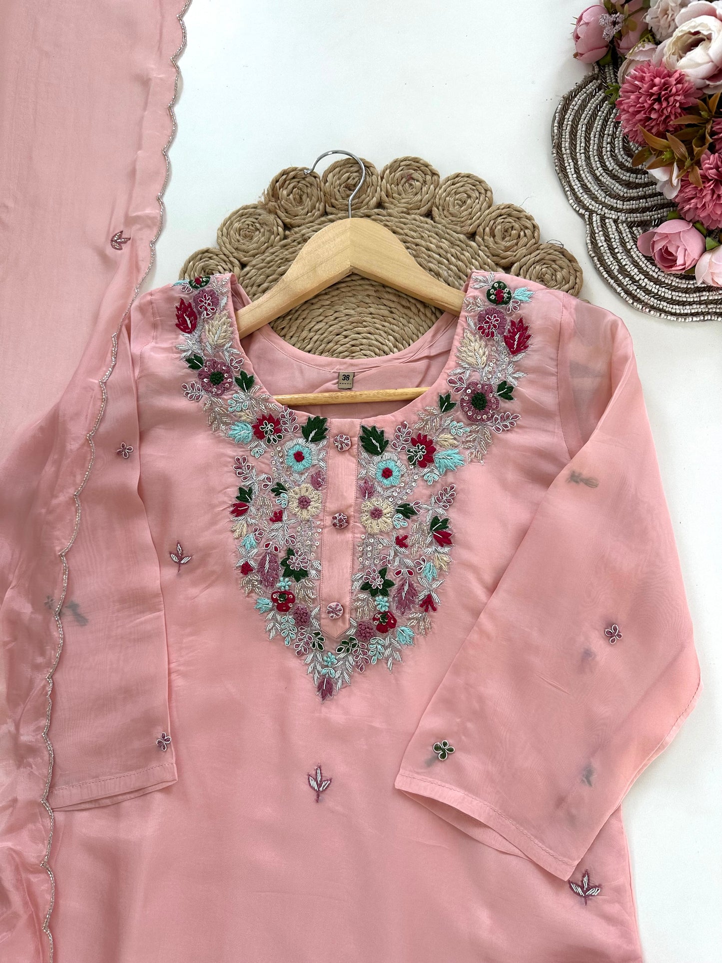 K152 - Viscose organza handwork straight Kurti with pants and dupatta in 2 colours