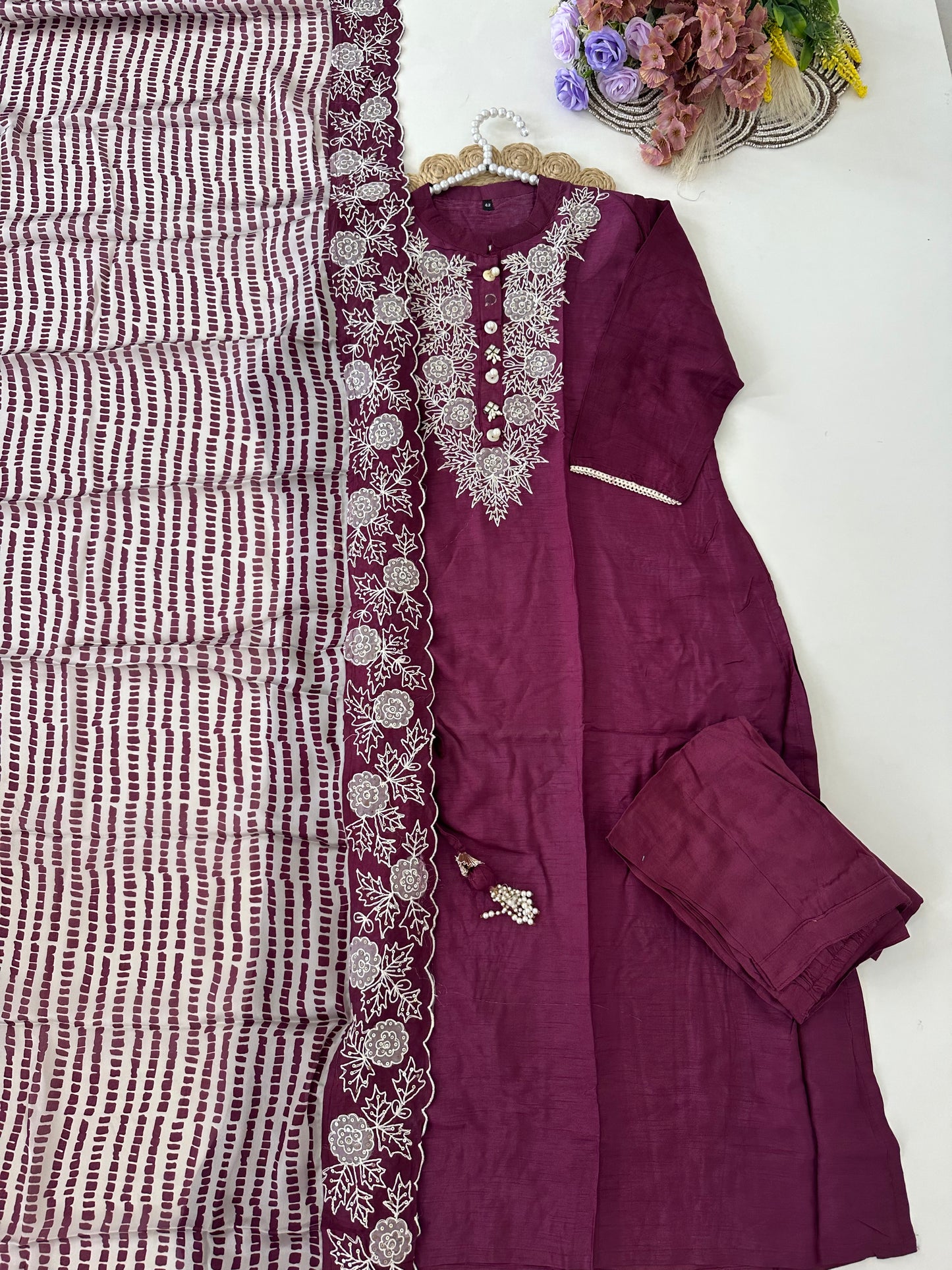 D399-Russian silk straight kurti with pants and dupatta