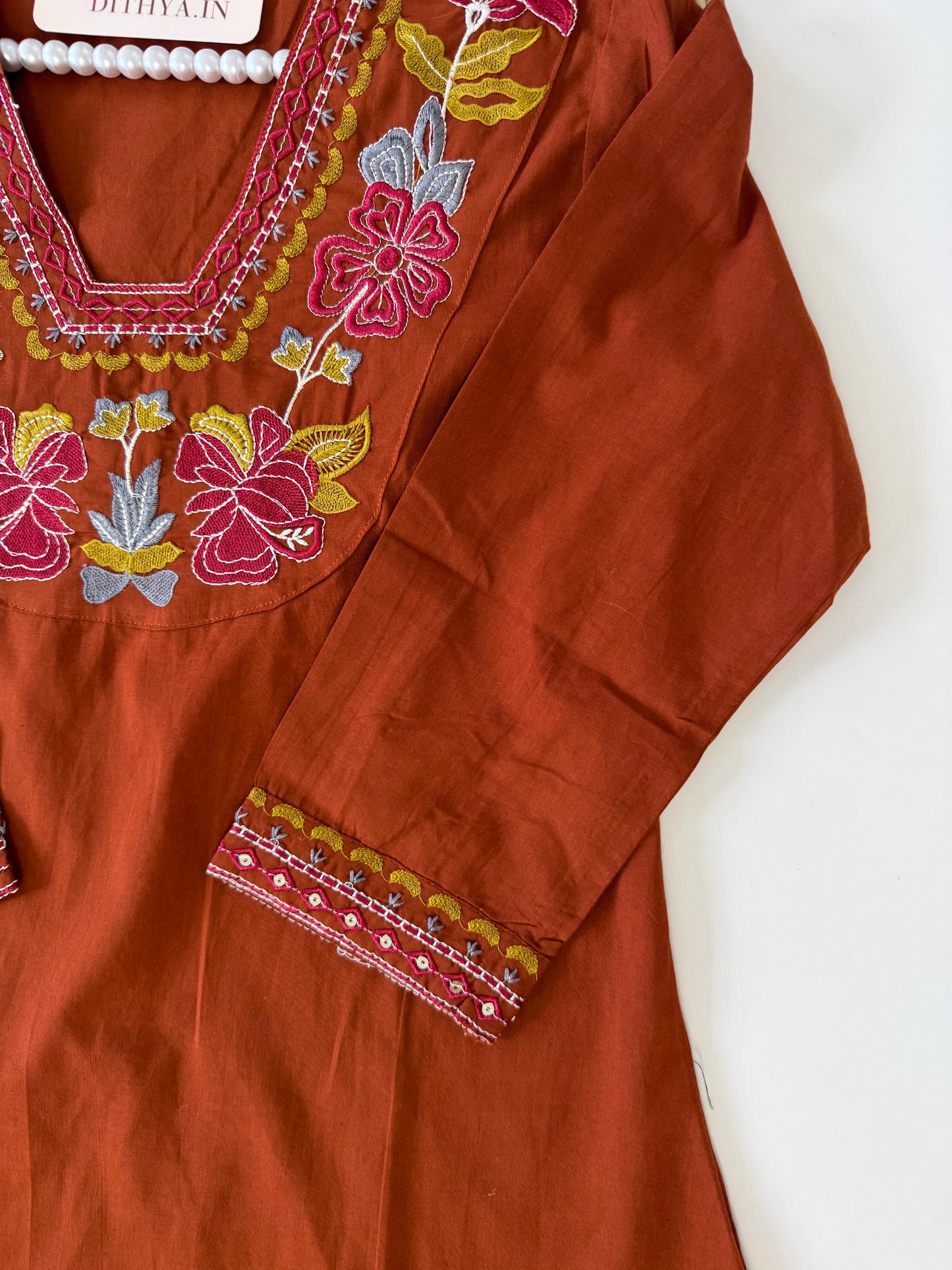 K100 - Mul cotton embroidered aline Kurti with pants and dupatta in 2 colours