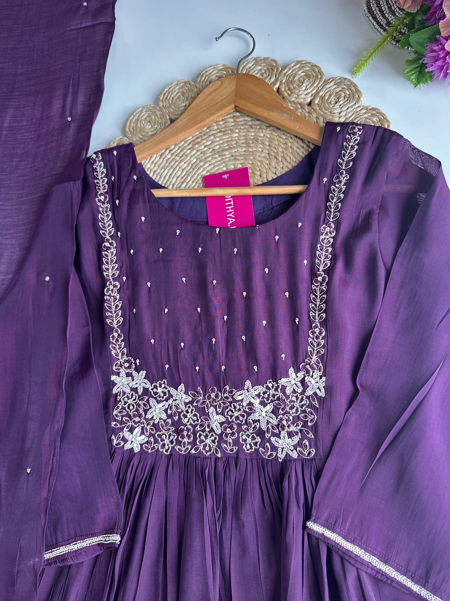 K007 - Mul Chanderi handwork Aline Kurti with pants and dupatta in 2 colours
