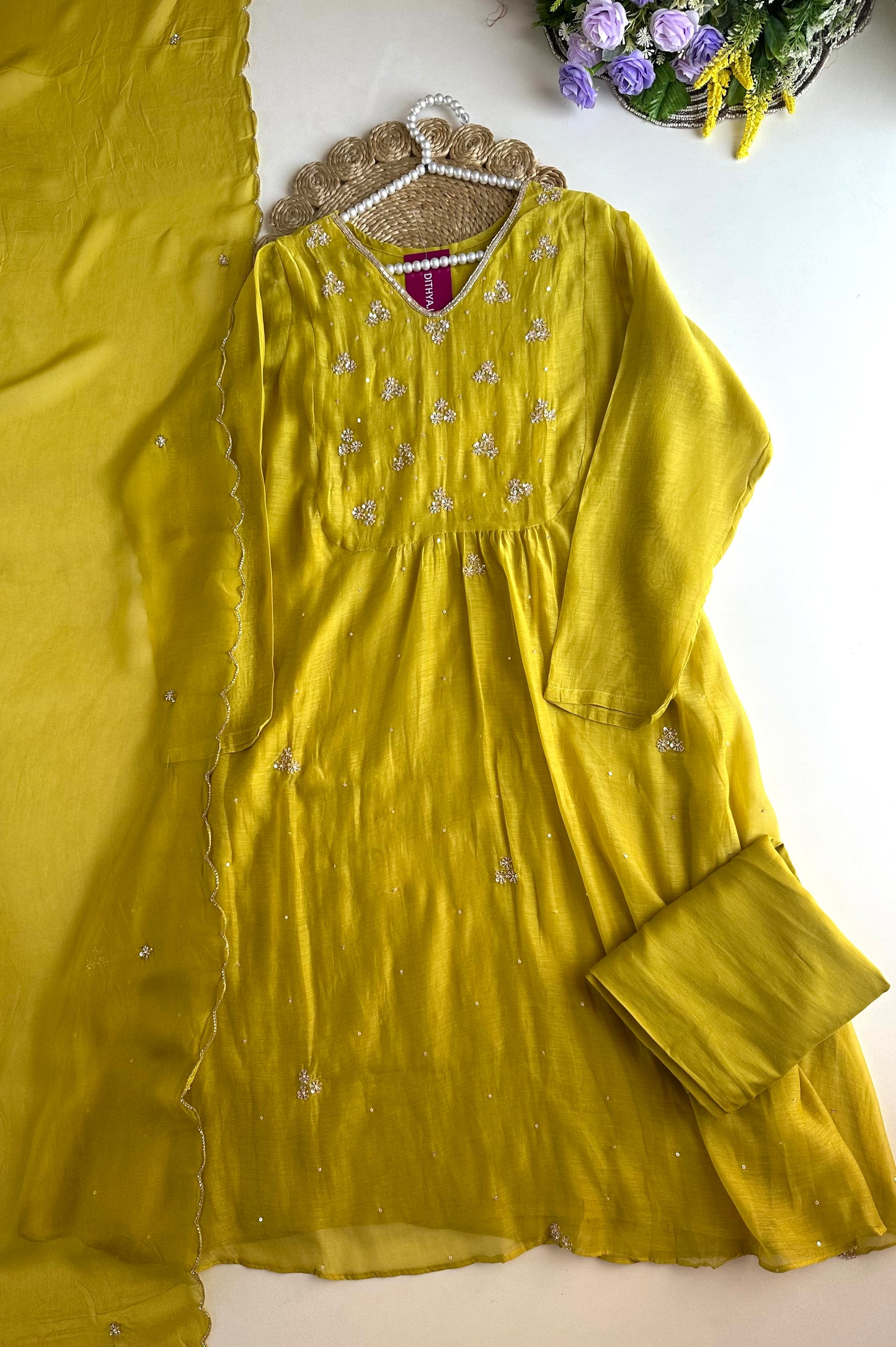 K097 - Mul Chanderi handwork Aline Kurti with pants and dupatta