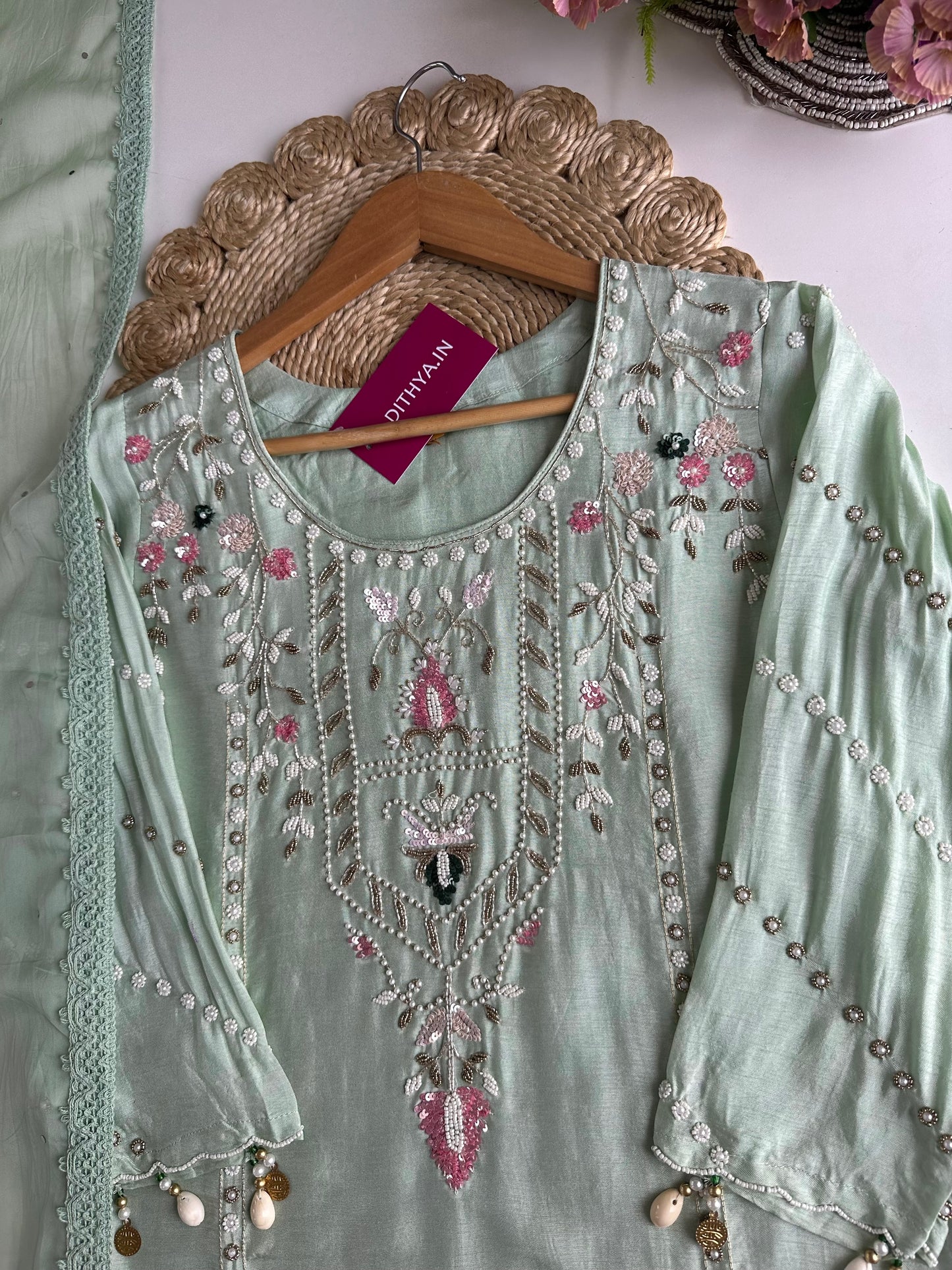 K188 - Russian silk handwork straight Kurti with pants and dupatta