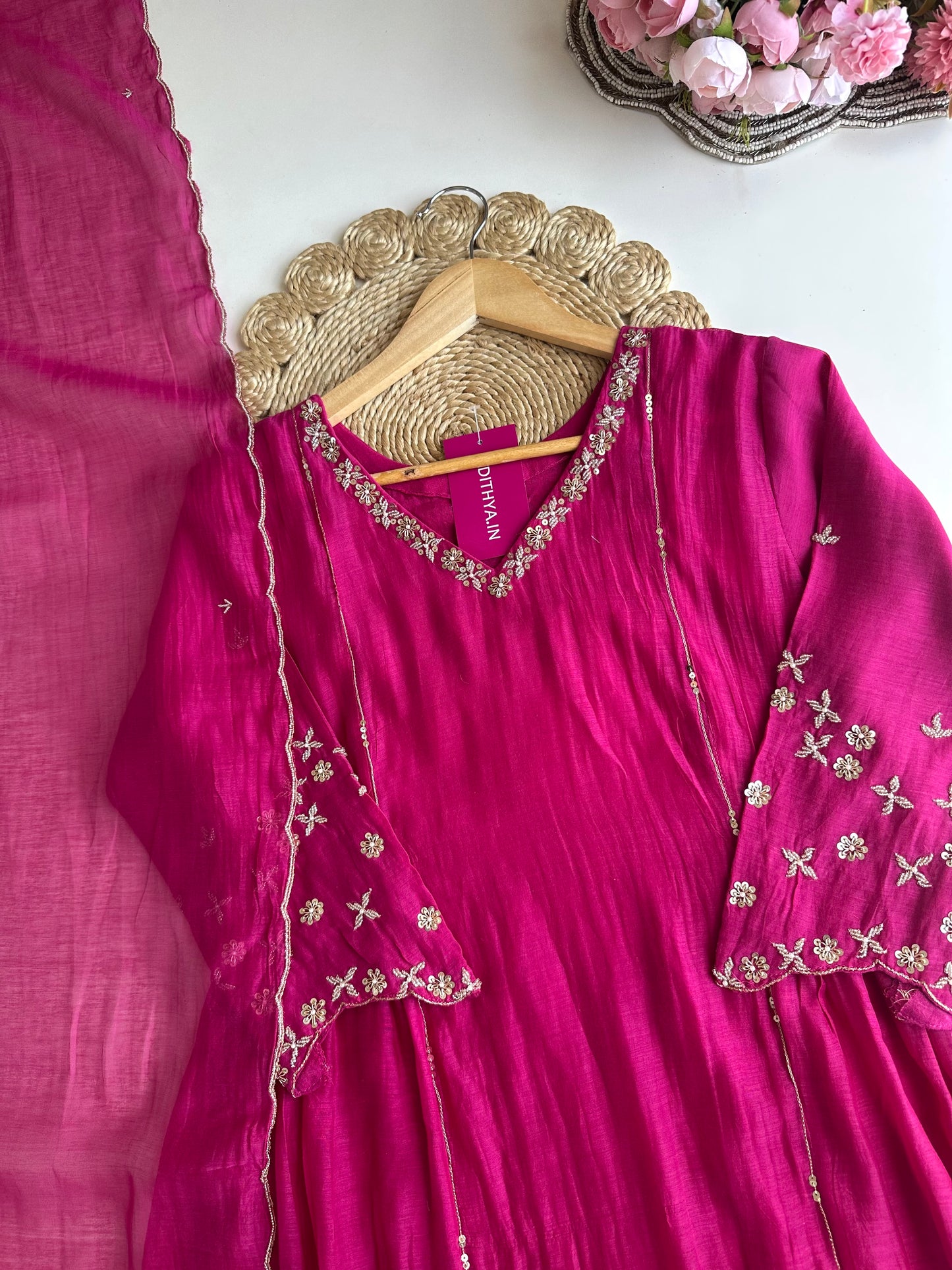K309 - Mul Chanderi handwork Anarkali with pants and dupatta