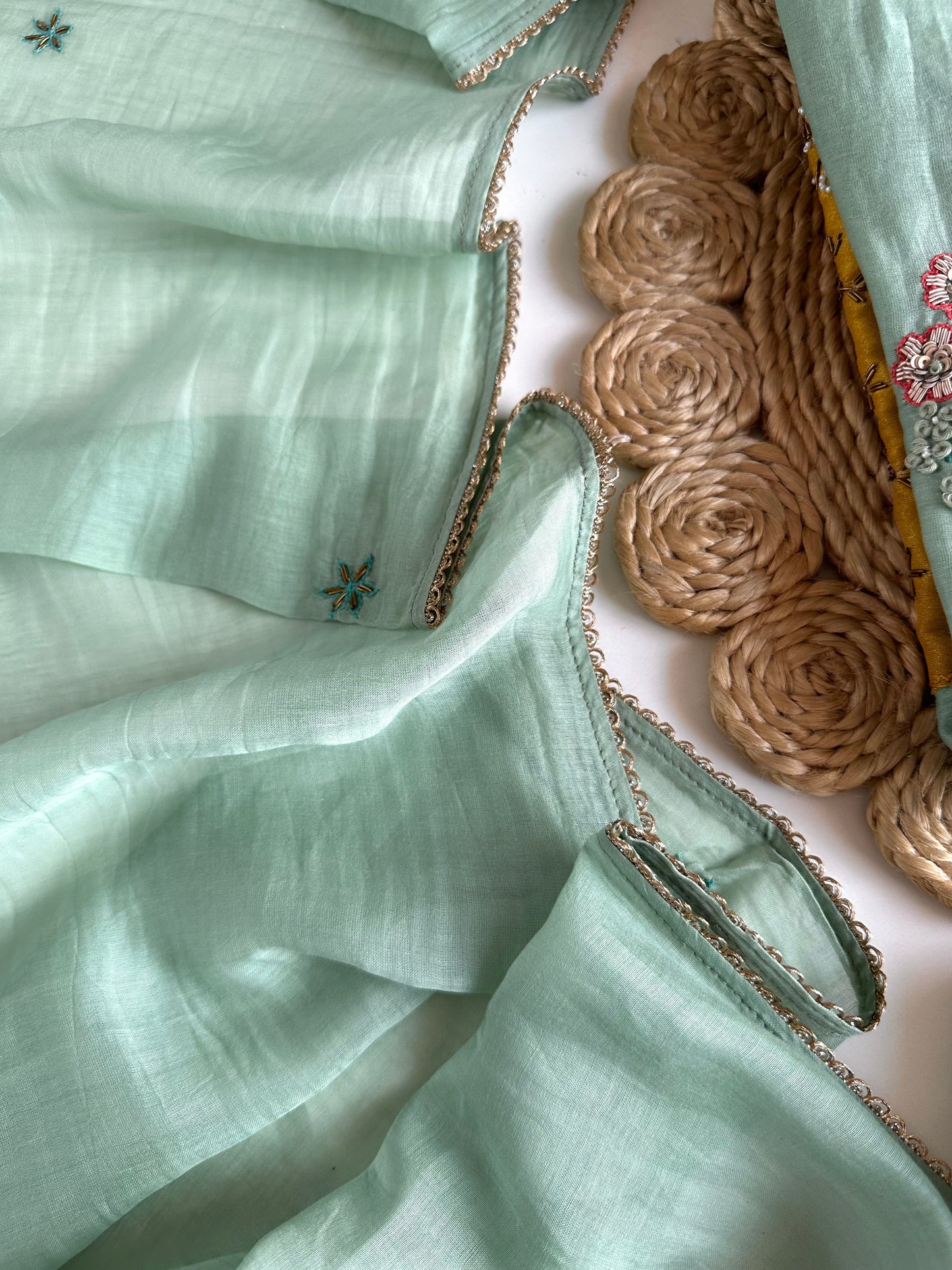 K121 - Mul Chanderi handwork Aline Kurti with pants and dupatta