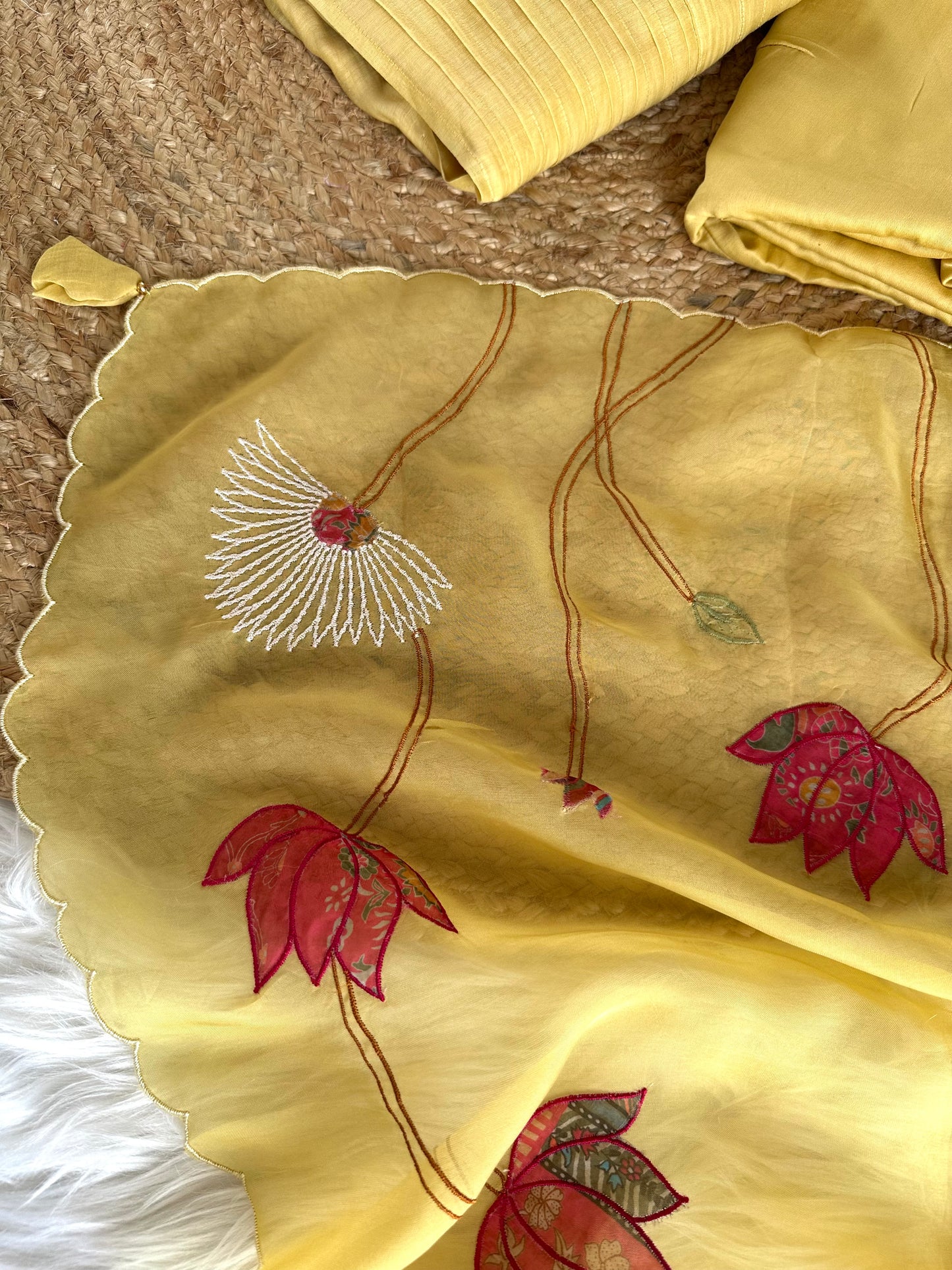 K304 - Mul Chanderi appliqué work Aline Kurti with pants and dupatta in 2 colours