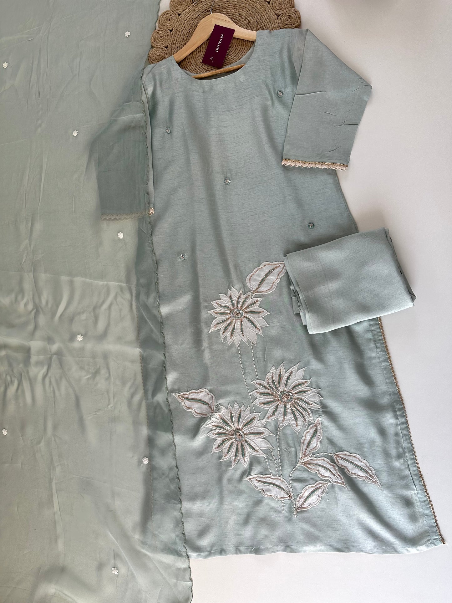 K178 - Mul Chanderi Handwork Straight kurti with pants and dupatta.