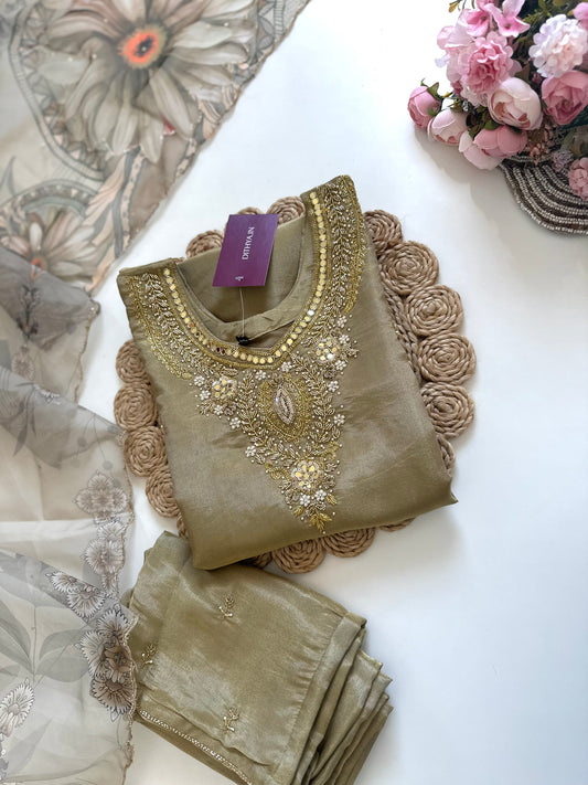 K122 - Tissue silk straight kurti with pants and dupatta.