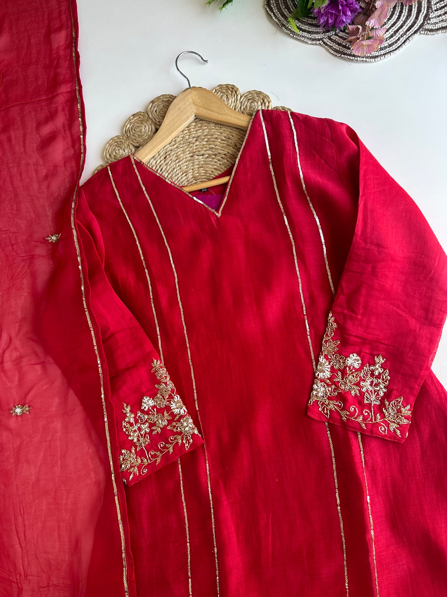 K070 - Mul Chanderi handwork Aline Kurti with pants and dupatta