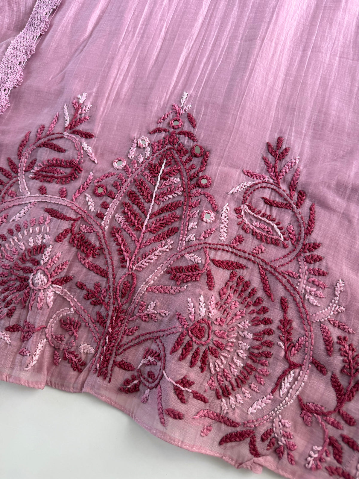 K614 - Mul chanderi embroidered Aline Kurti with pants and dupatta