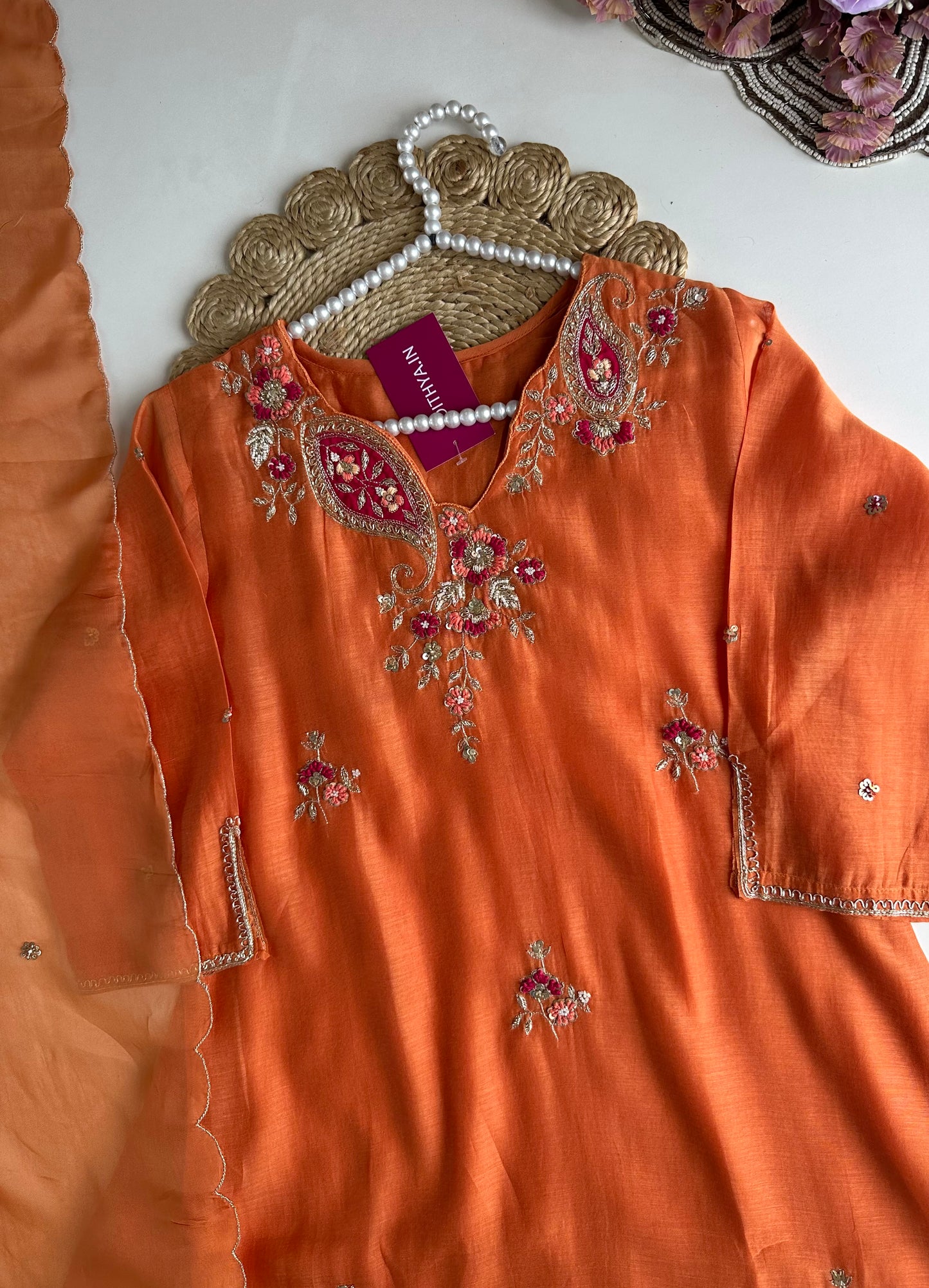K005 - Mul Chanderi Handwork Aline Kurti with pants and dupatta in 2 colours