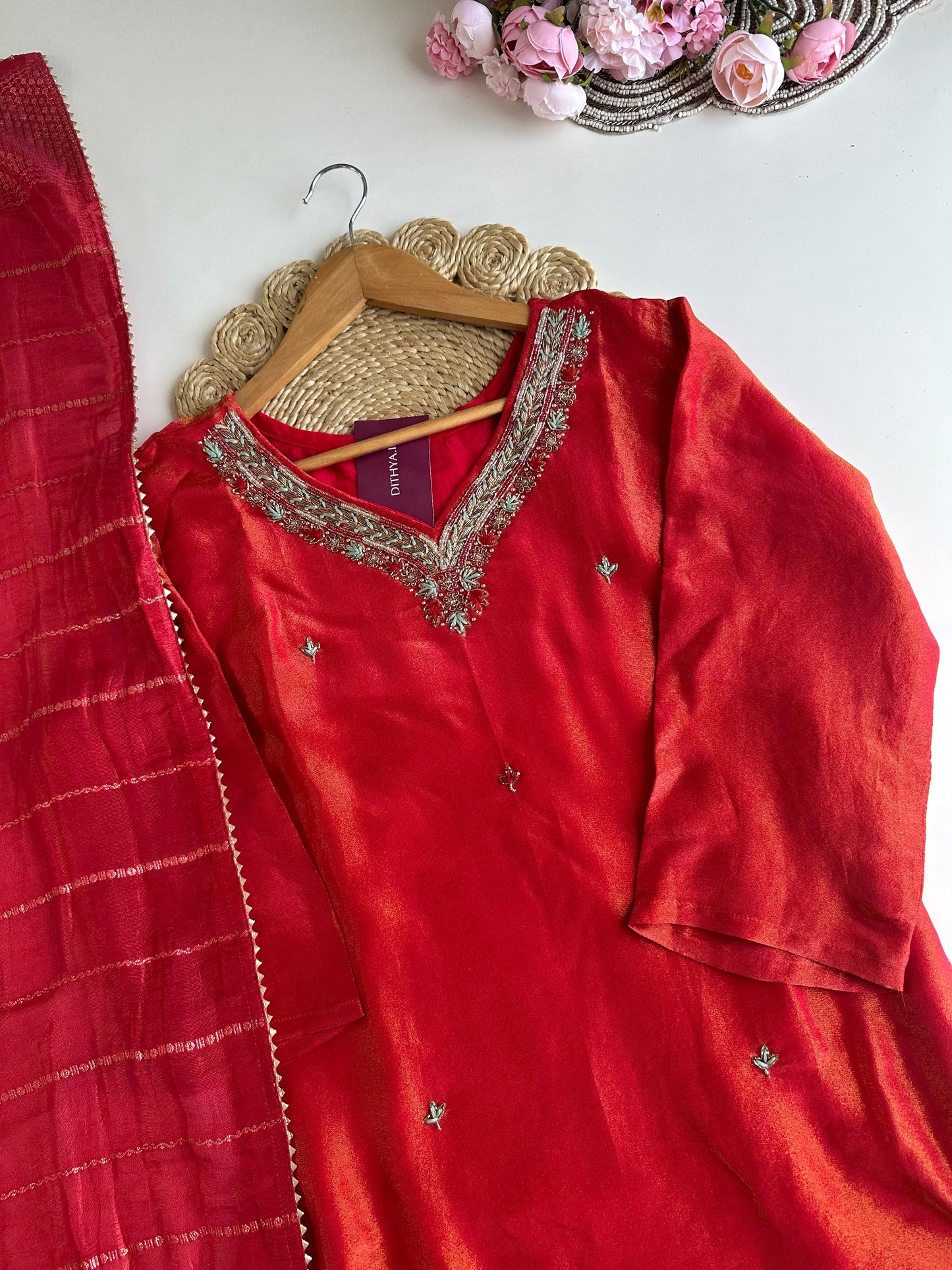 K013 - Tissue silk handwork straight Kurti with pants and dupatta