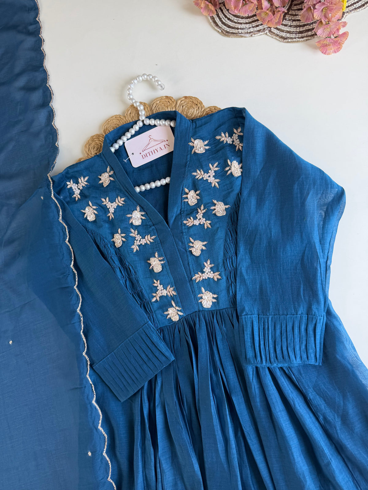 K517 - Mul chanderi handwork Anarkali with pants and dupatta