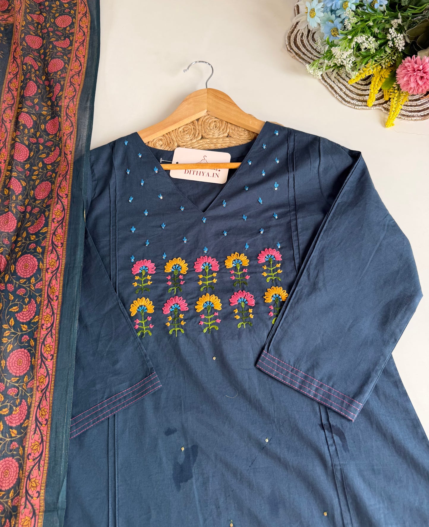 K645 - Mul cotton embroidered straight Kurti with pants and dupatta