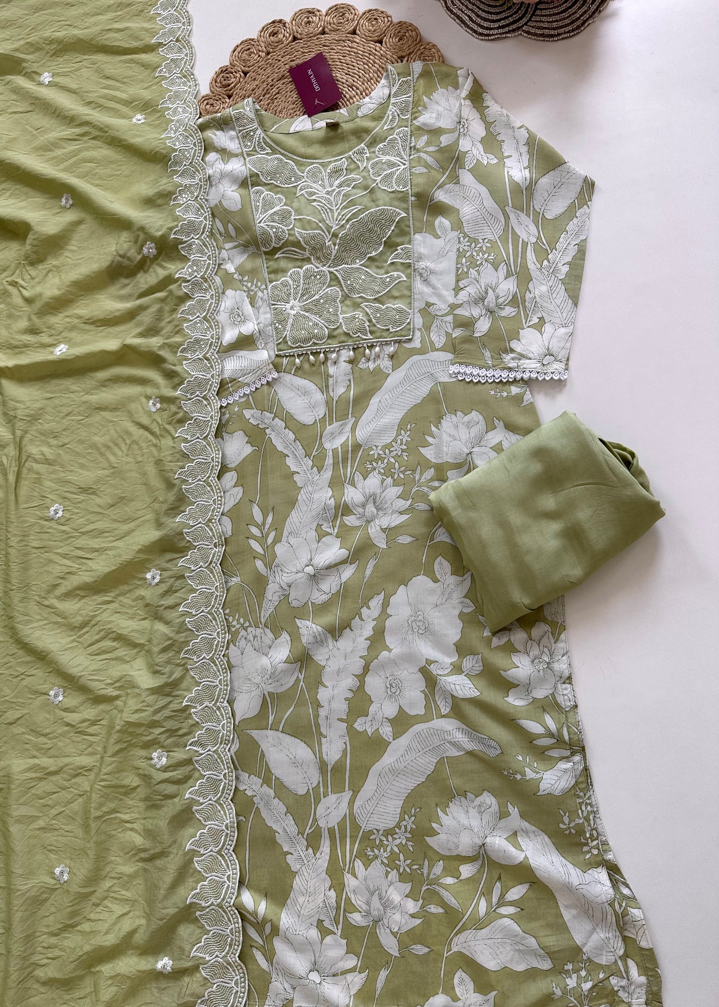 K414 - Muslin silk handwork straight Kurti with pants and dupatta