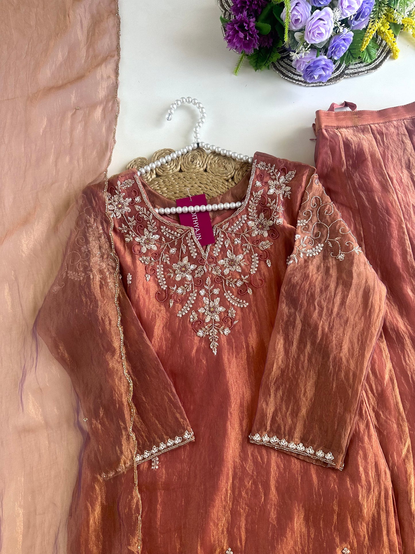 K180 - Tissue silk handwork short Kurti with palazzo and dupatta