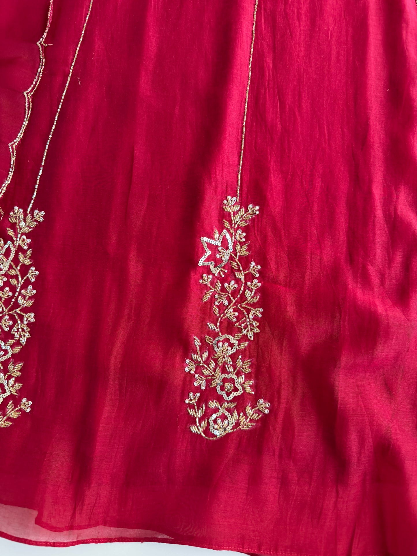K106 - Mul chanderi handwork Aline Kurti with pants and dupatta
