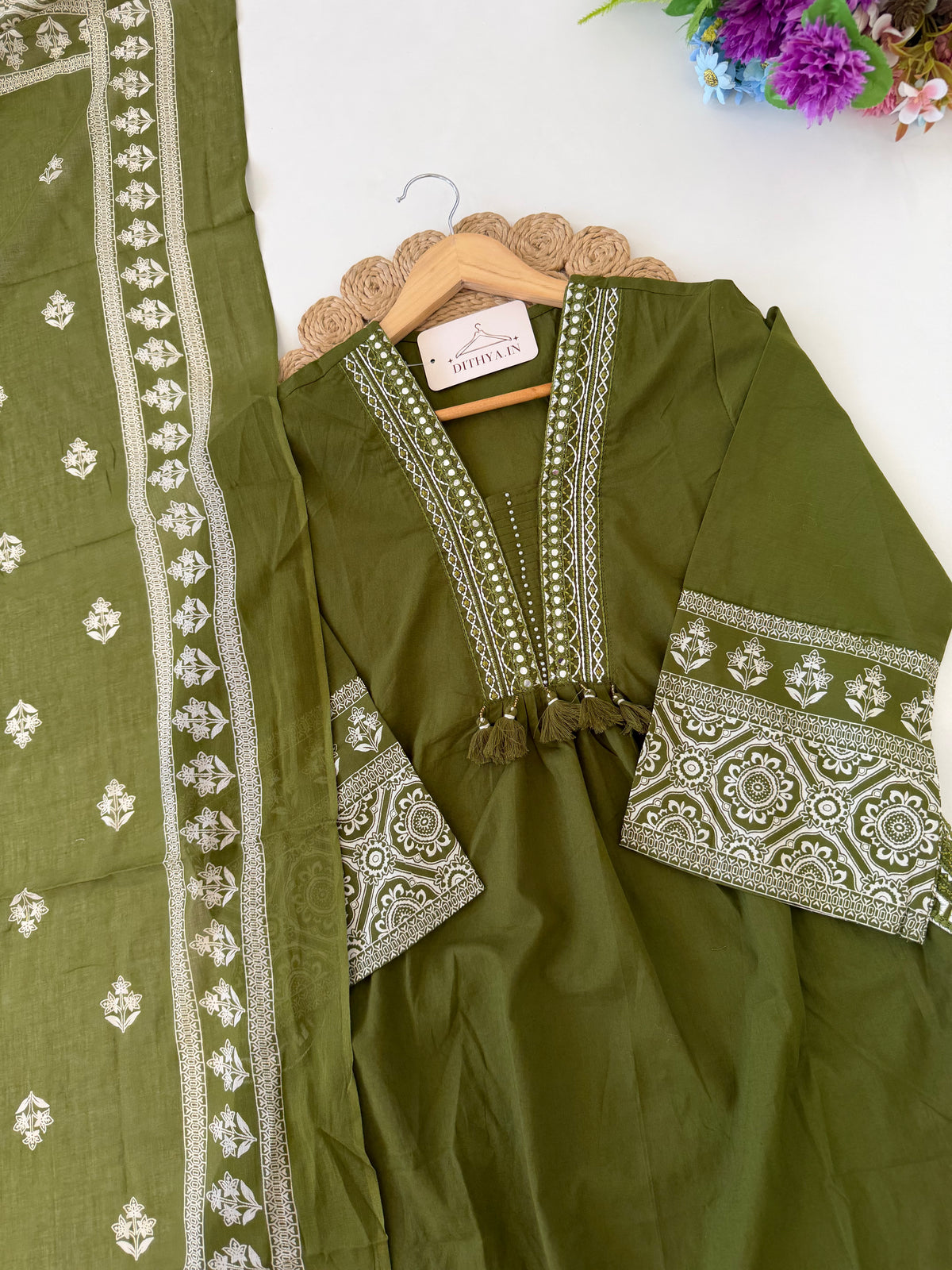 K259 - Mul cotton embroidered Aline Kurti with pants and dupatta