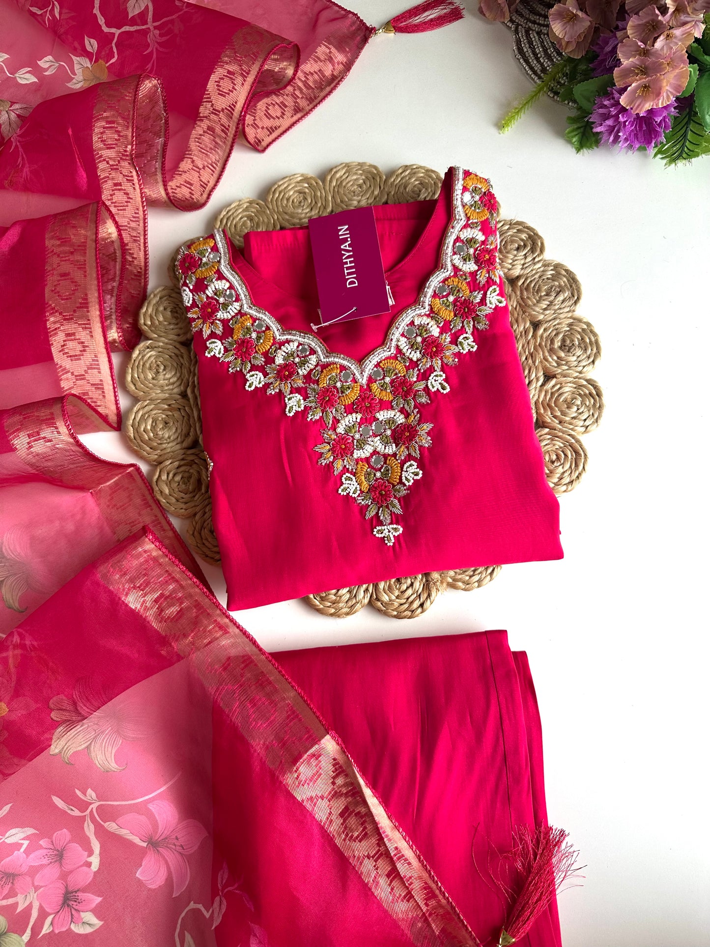 K274 - Roman silk handwork straight Kurti with pants and dupatta