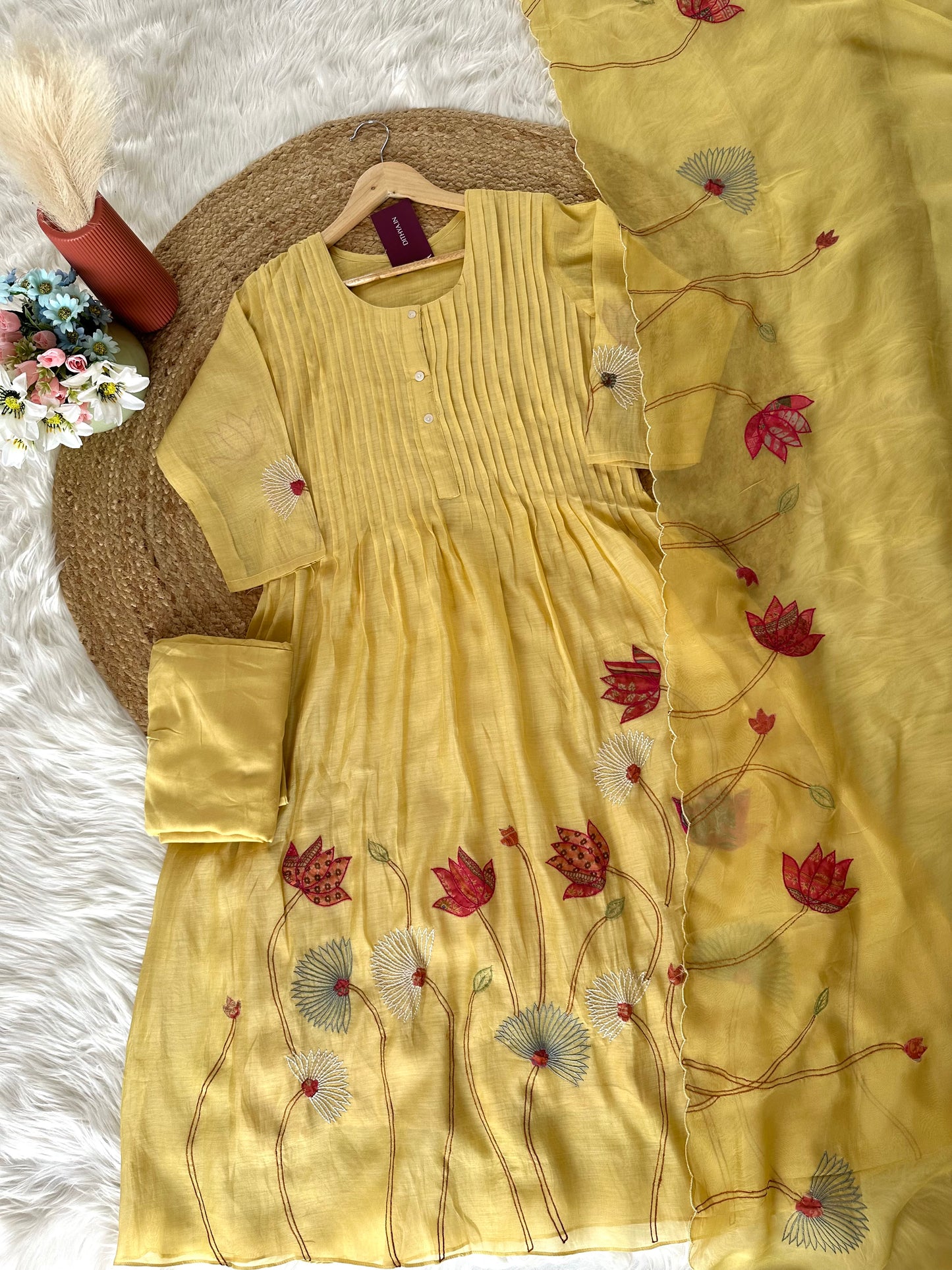K304 - Mul Chanderi appliqué work Aline Kurti with pants and dupatta in 2 colours