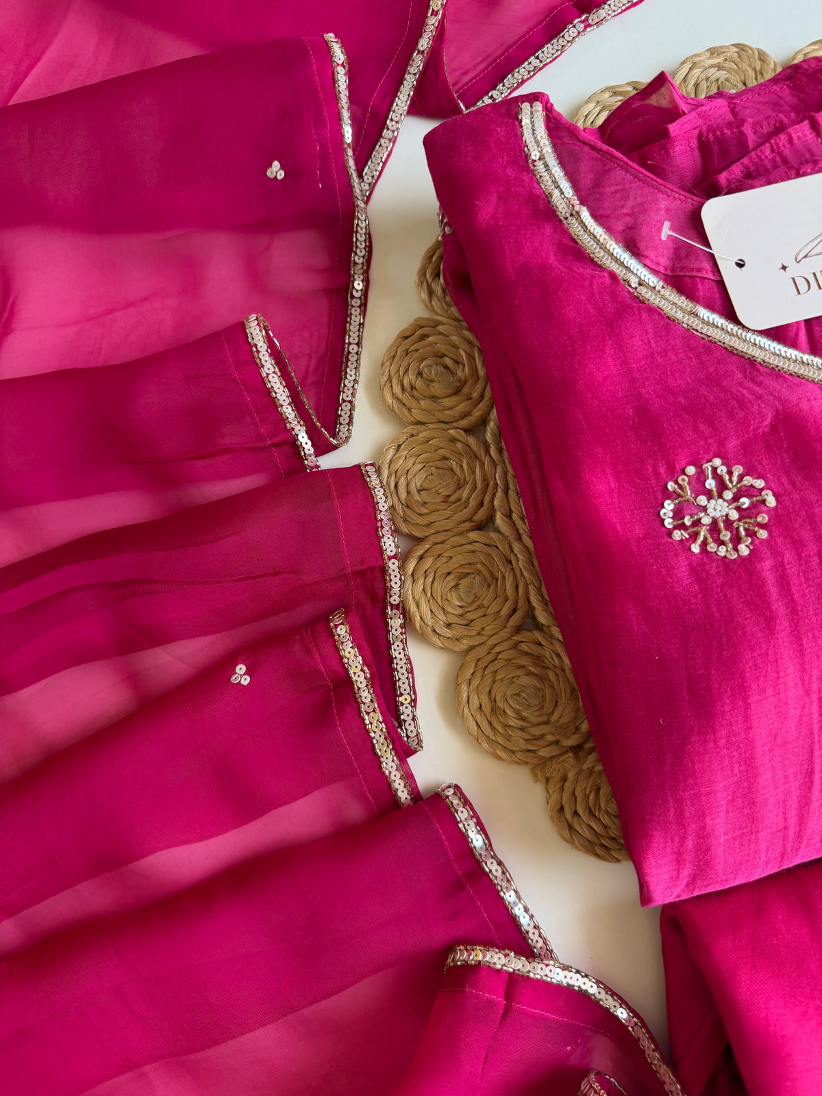 K524 - Mul chanderi handwork aline Kurti with pants and dupatta