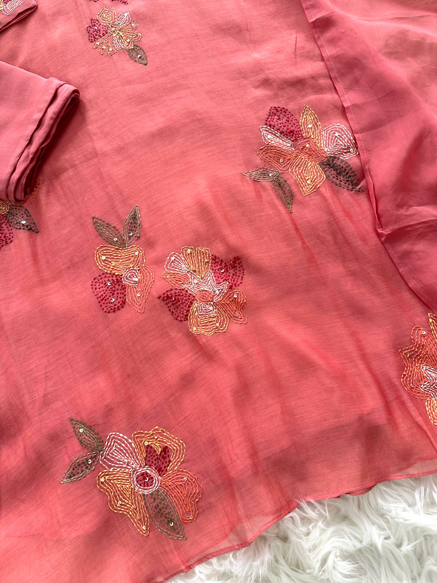 K261 - Mul Chanderi Embroidered Aline Kurti with pants and dupatta