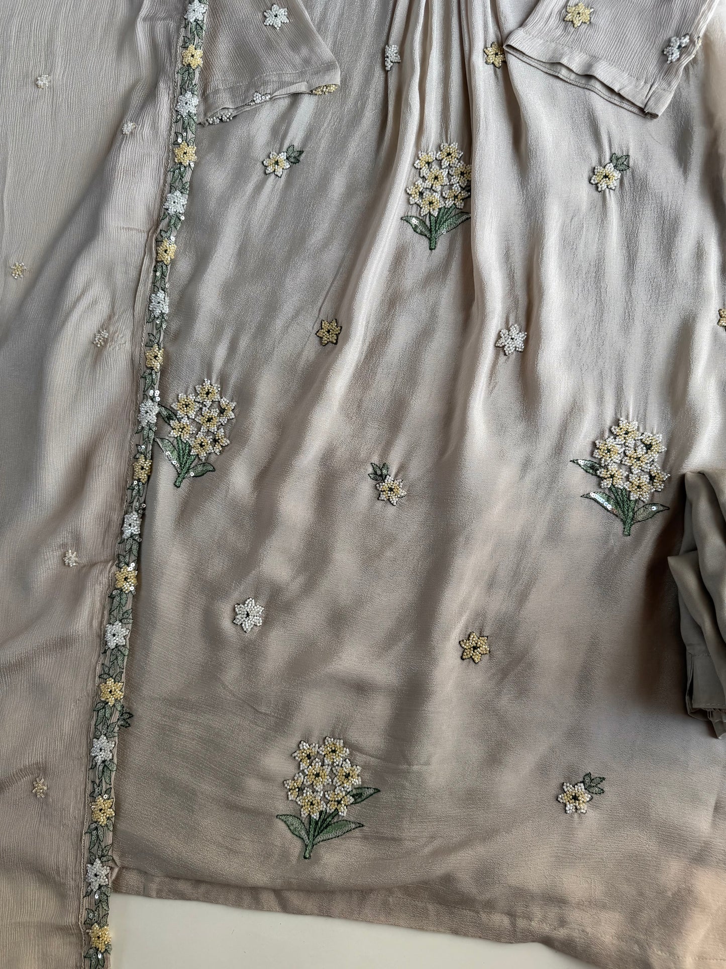 K674 - Pure Chinnon handwork aline Kurti with pants and dupatta